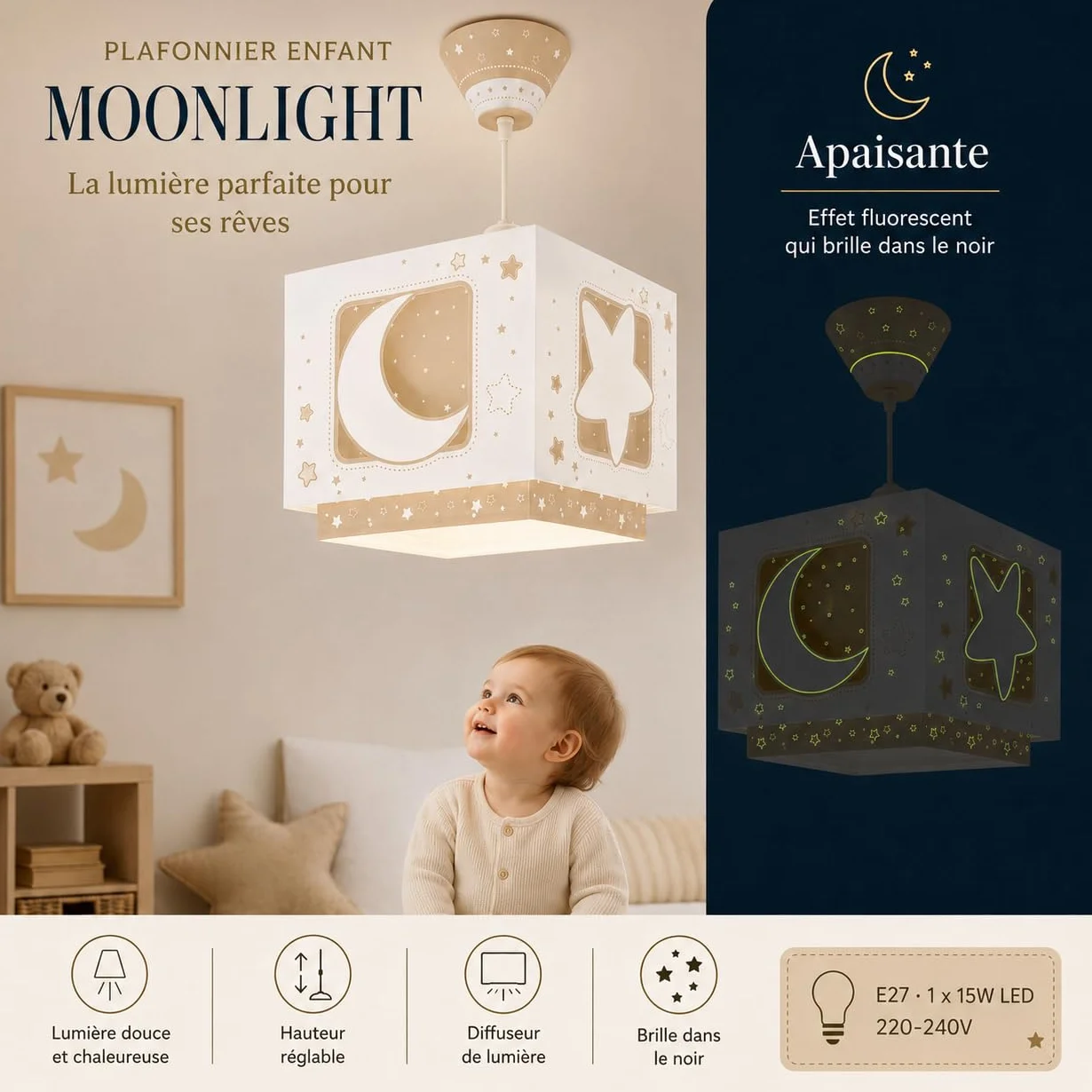 Dalber Lustre Chambre Lampe Suspension Plafonnier Enfants Moonlight Lune Étoiles Beige E27