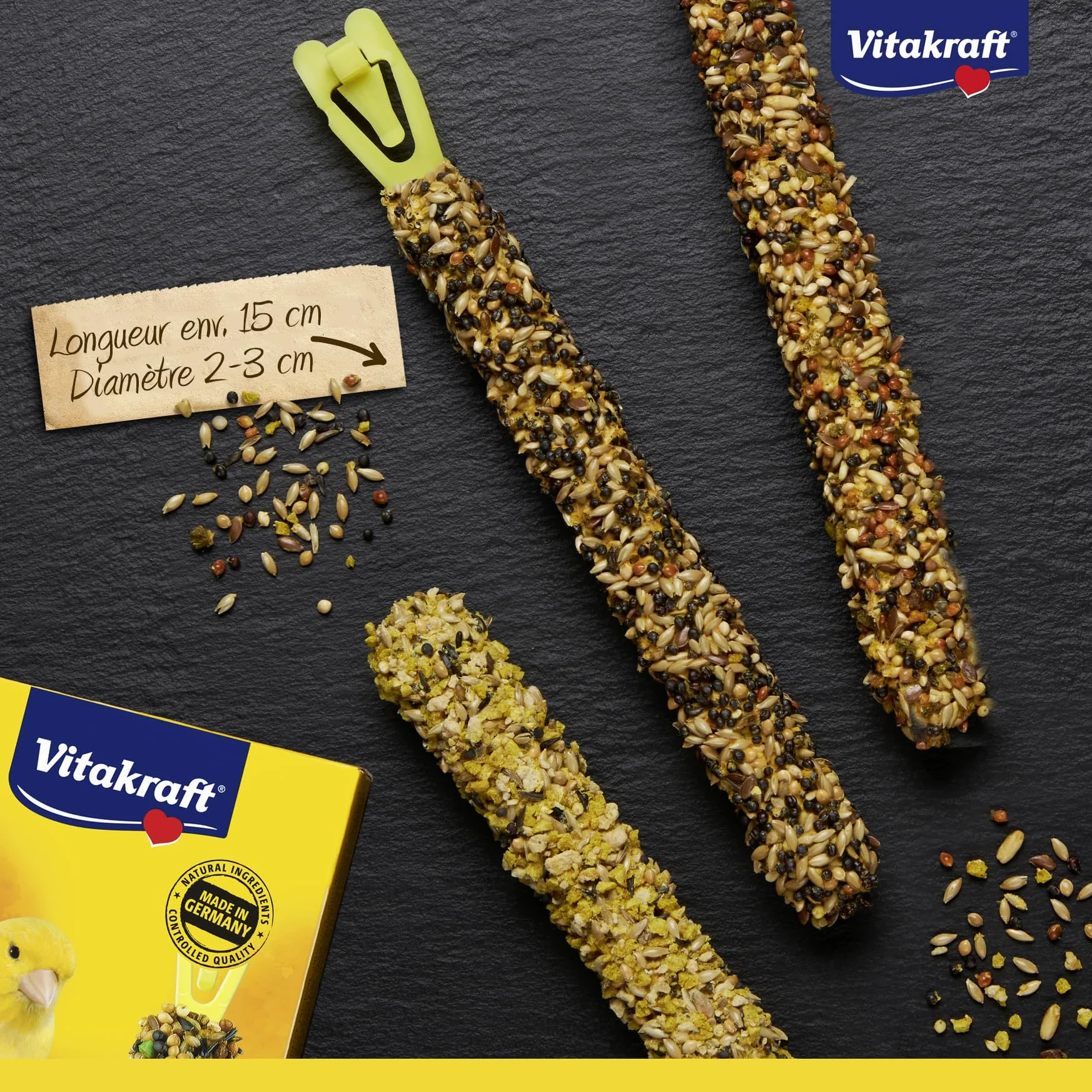 Vitakraft Kräcker Mix friandises pour oiseaux bâtonnets à l’œuf graines d’herbe abricot figue miel sésame soin du bec sans sucre ajouté 80g
