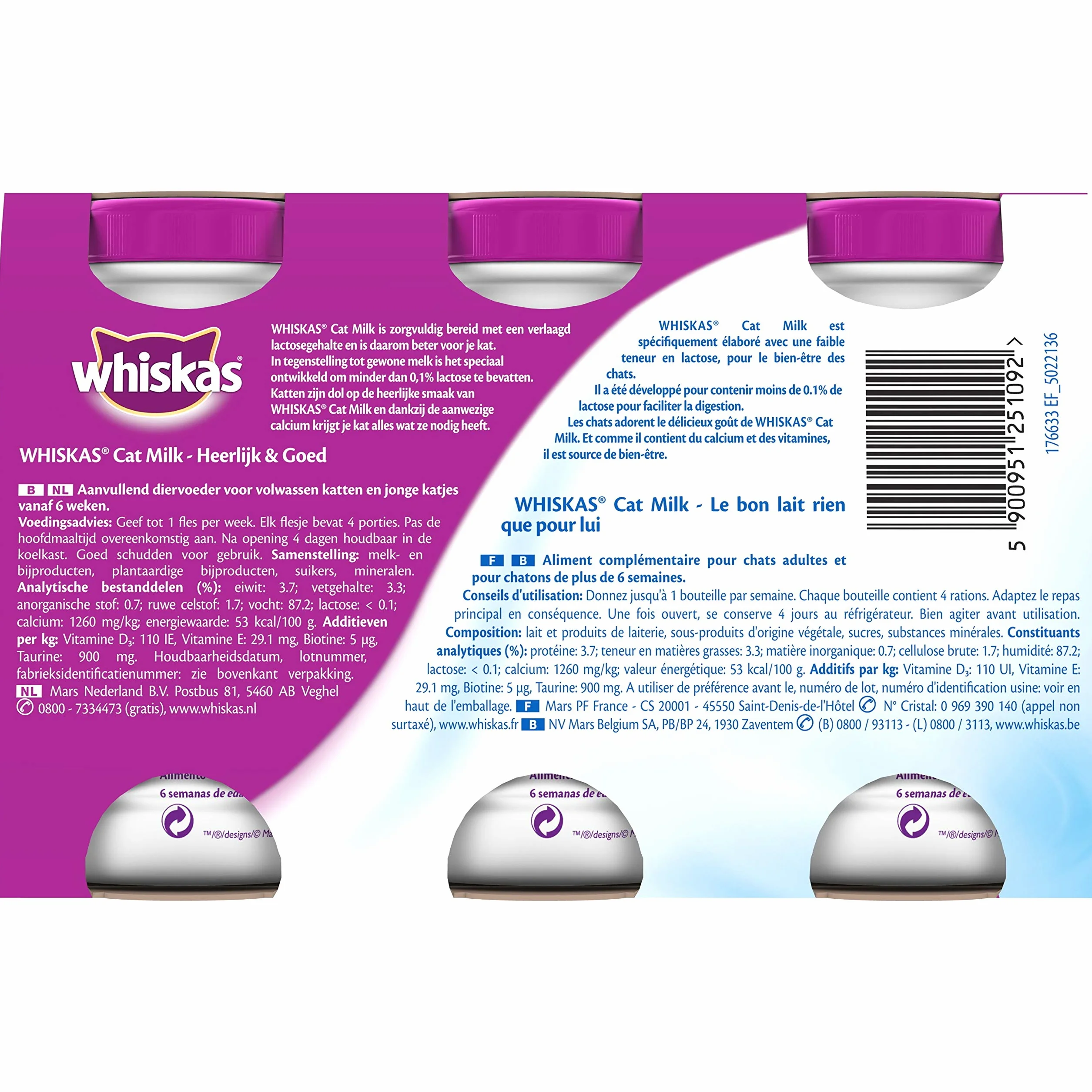 WHISKAS Lait pour Chat et Chaton à Faible Teneur en Lactose - 15 Bouteilles - Facile à Digérer - Calcium & Vitamines