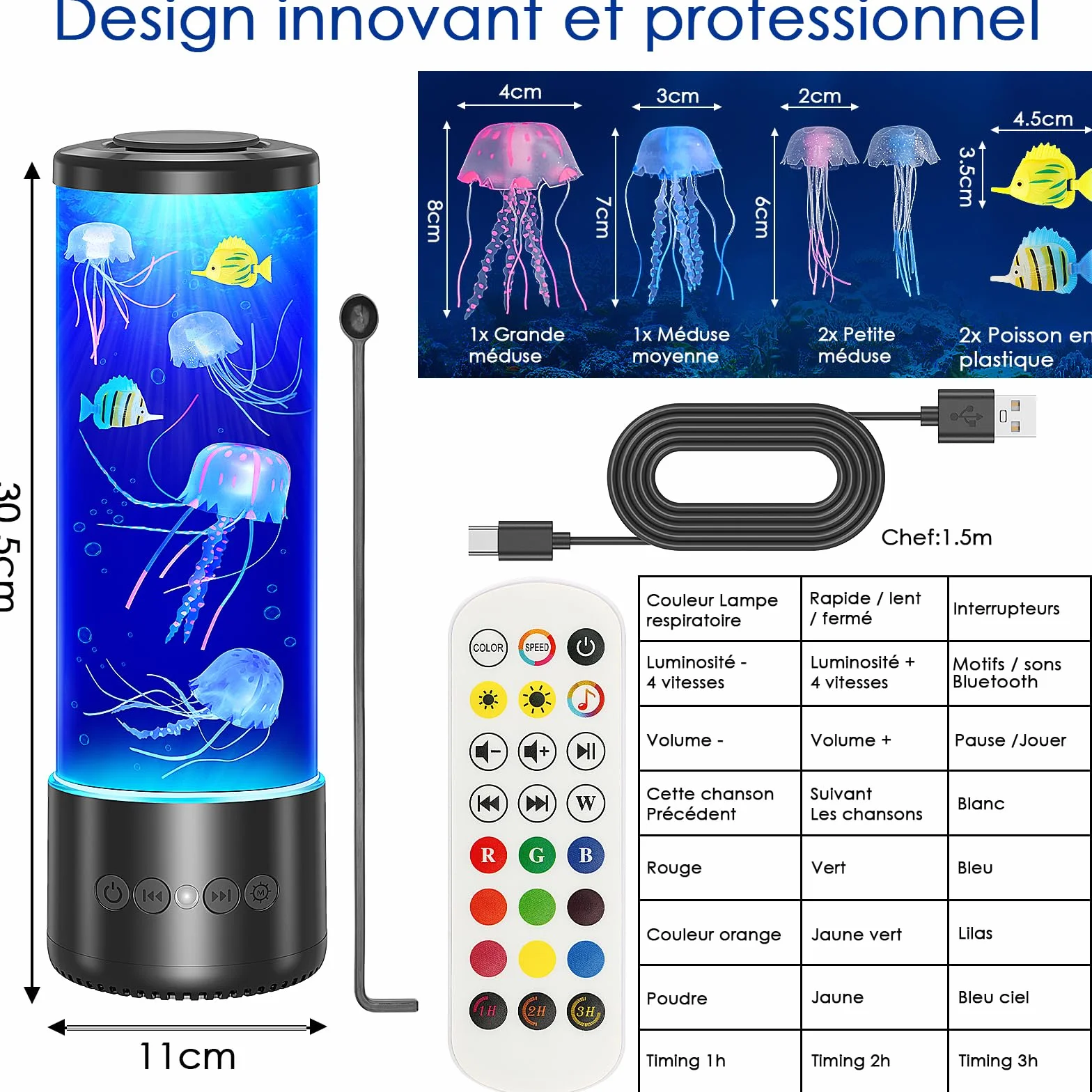 Radikor Lampe Méduse Bluetooth avec 12 Bruits Blancs, 10 Couleurs et Télécommande, Lampe Jellyfish Lumineuse pour Enfants Adultes