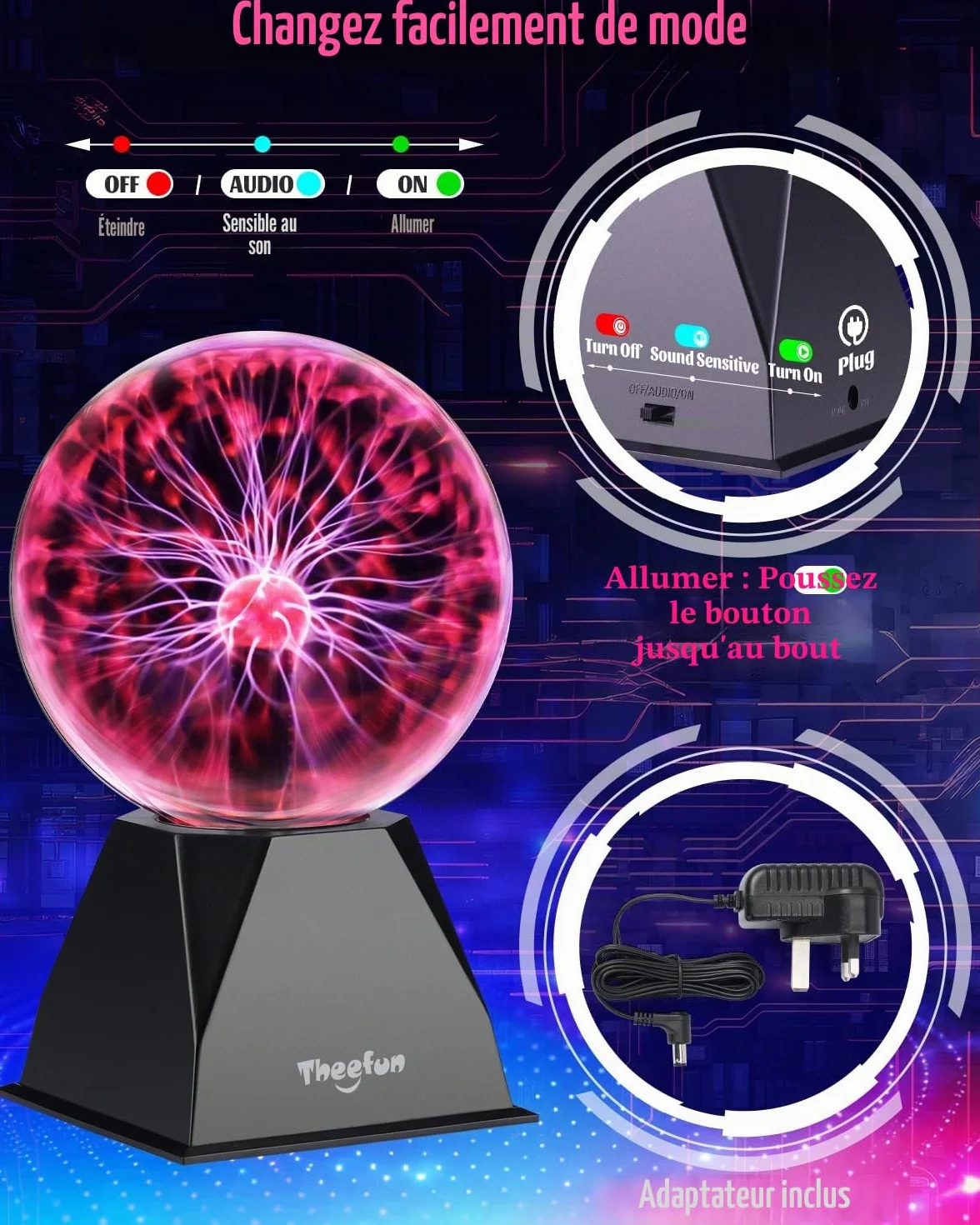 Theefun Lampe Plasma 6 Pouces, Boule Plasma Magique Interactive Touch Son Globe Plasma Éducatif Physique Décorative pour Fêtes Anniversaire (Rouge)