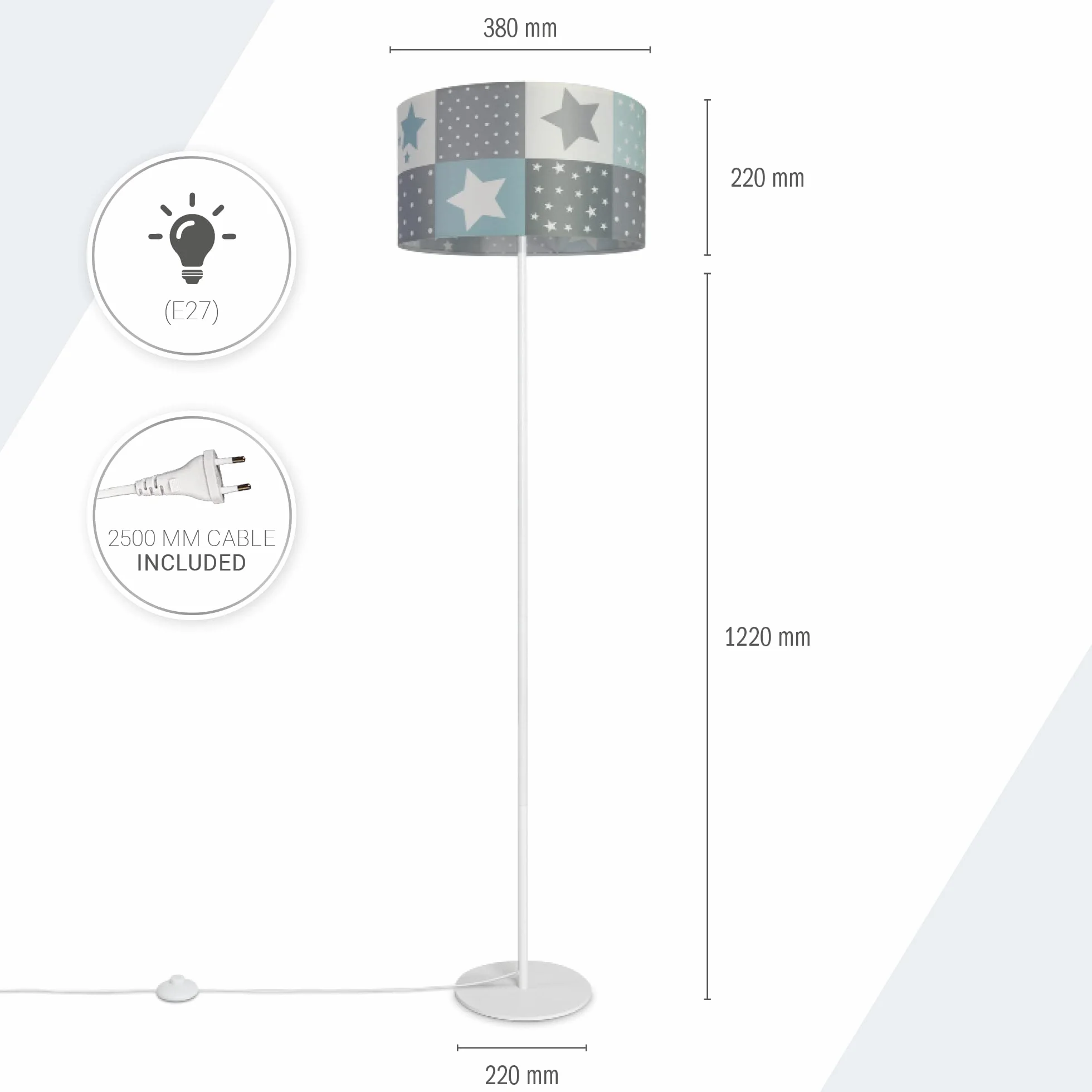 Paco Home Lampadaire Chambre Enfant Abat-Jour Rond Tissu E27 Ø38 cm Blanc