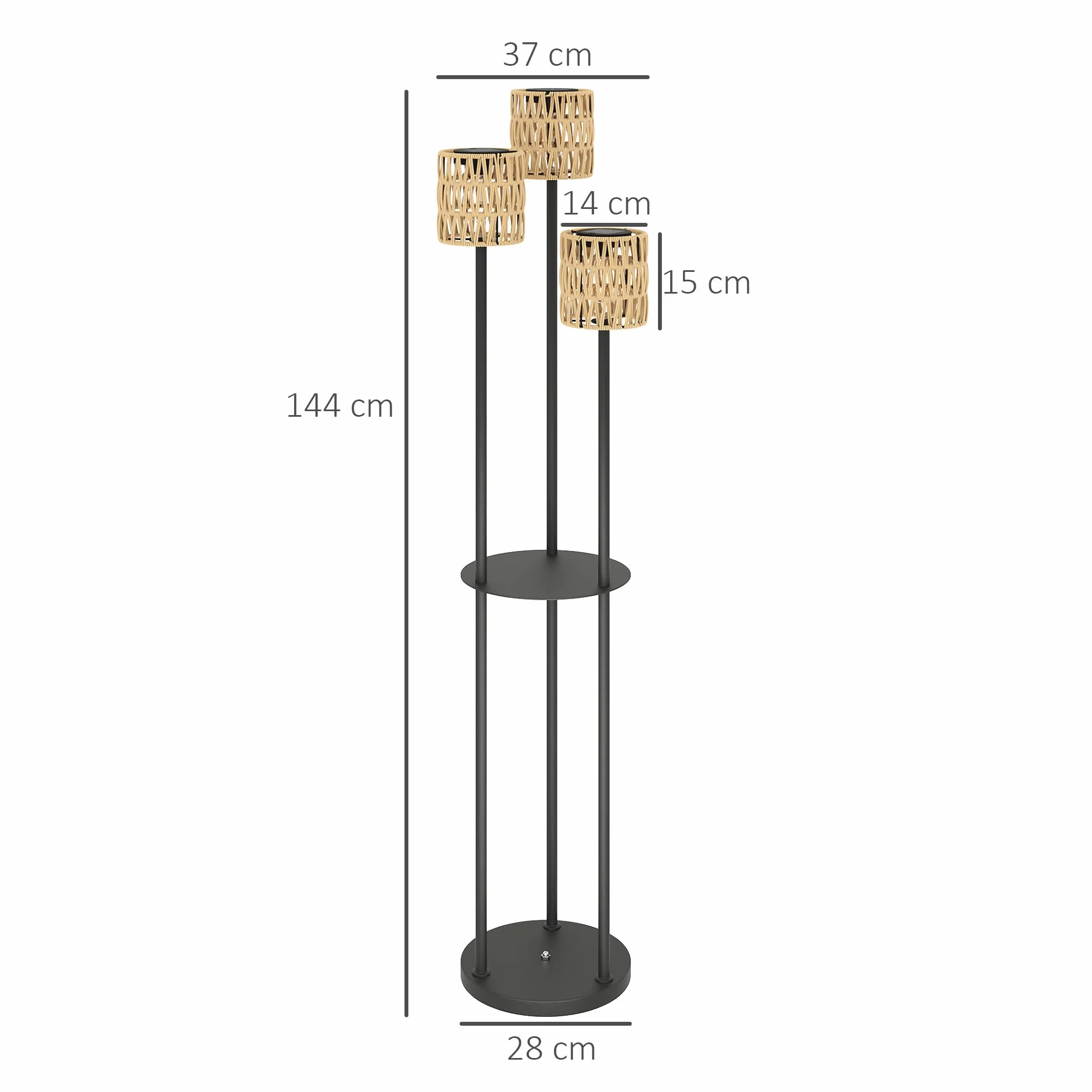 Outsunny Lampadaire solaire extérieur résine tressée 3 lumières bohème capteur étagère IP44 jardin patio terrasse Ø37 x 144 cm jaune