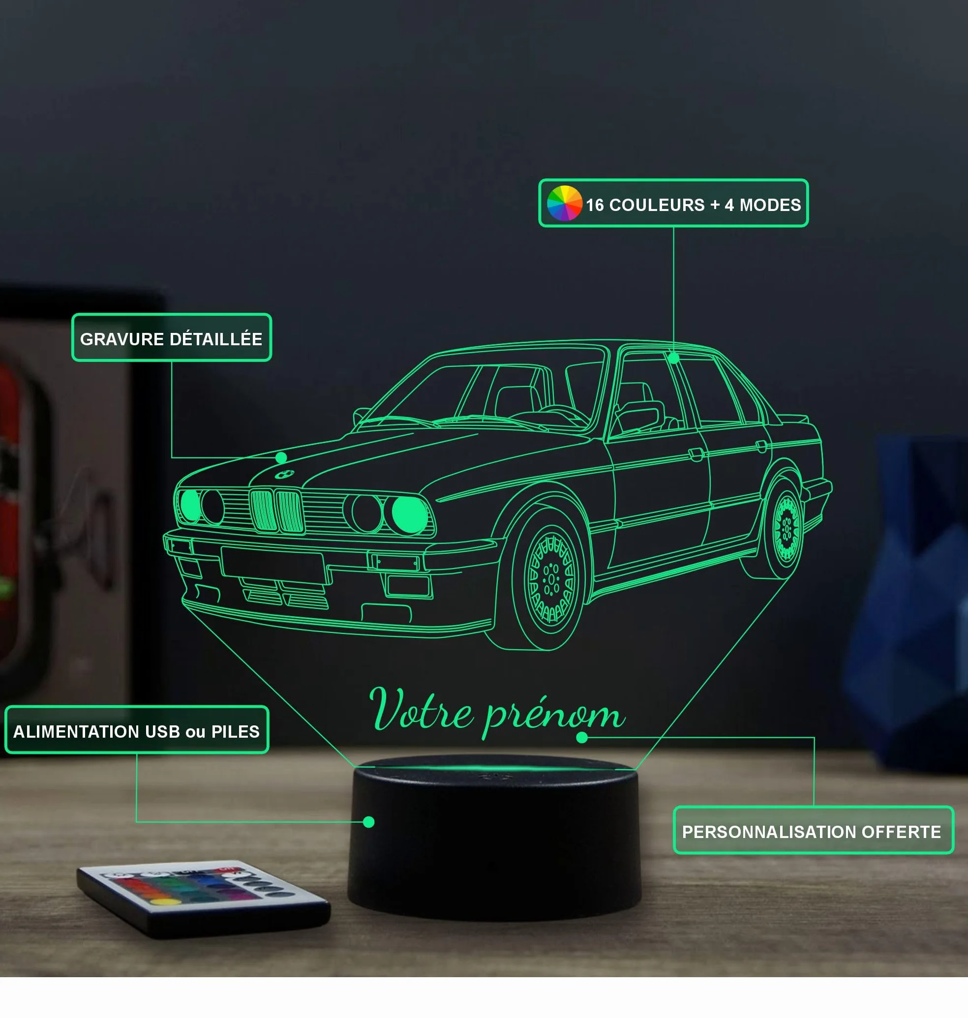 Lampe 3D BMW E30 Personnalisée Veilleuse LED 16 Couleurs Télécommande Gravure Laser Haute Précision Fabriqué en France