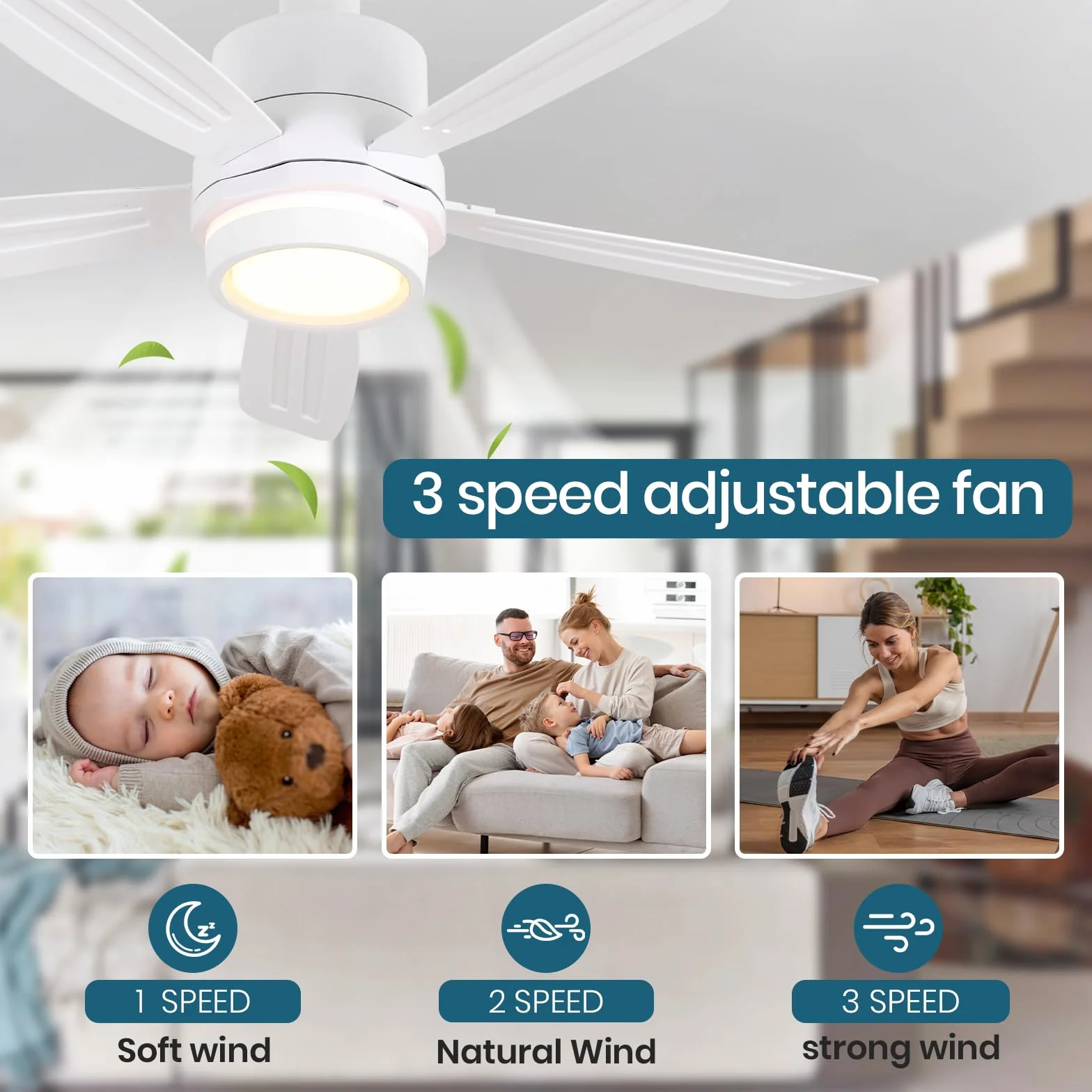 Ventilateur de plafond avec lumière 52cm Lampe E27 Silencieux LED Télécommande 3 Vitesses Dimmable pour Chambre