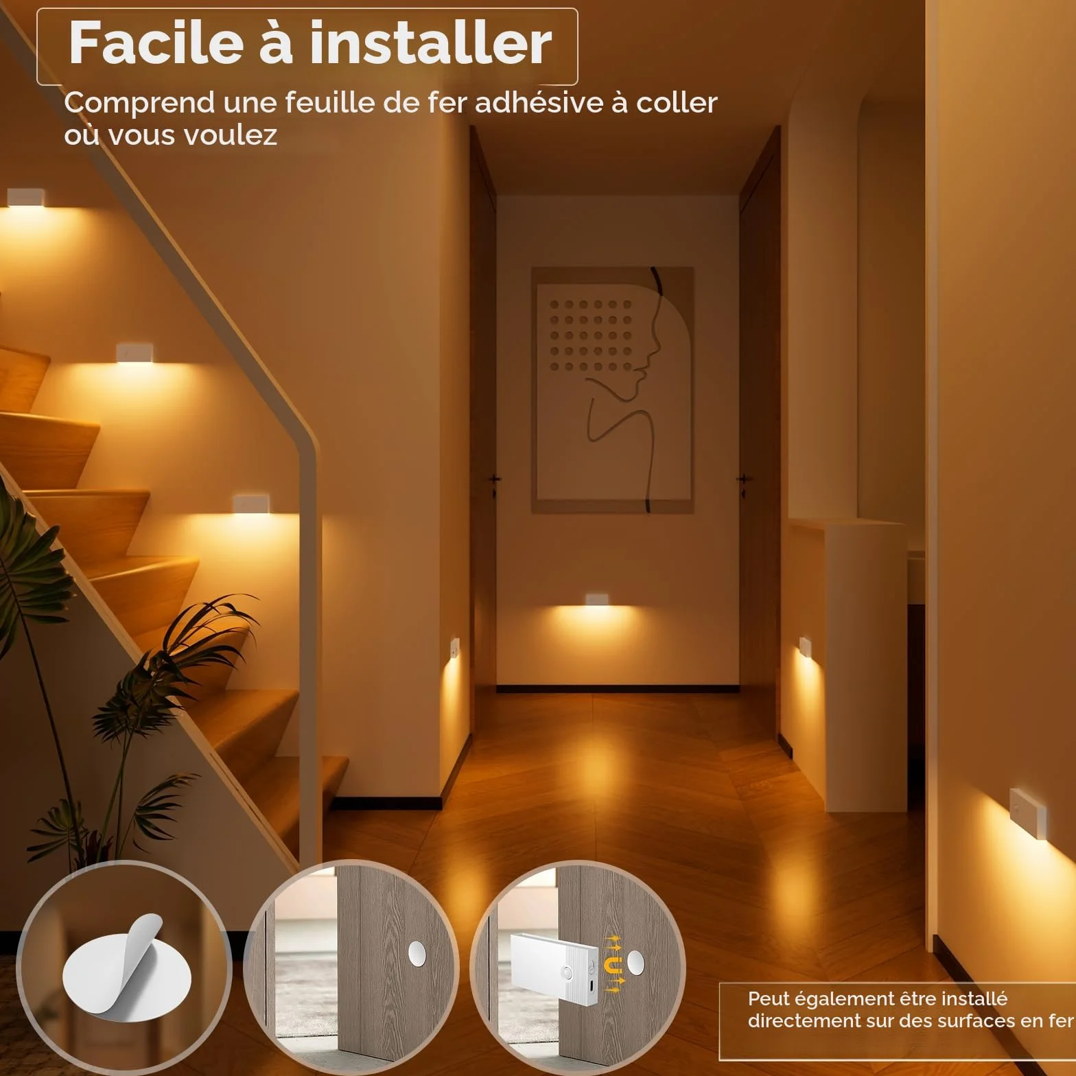 Veilleuse Détecteur de Mouvement LED Rechargeable Lot de 4 2700K pour Intérieur Escaliers Couloirs