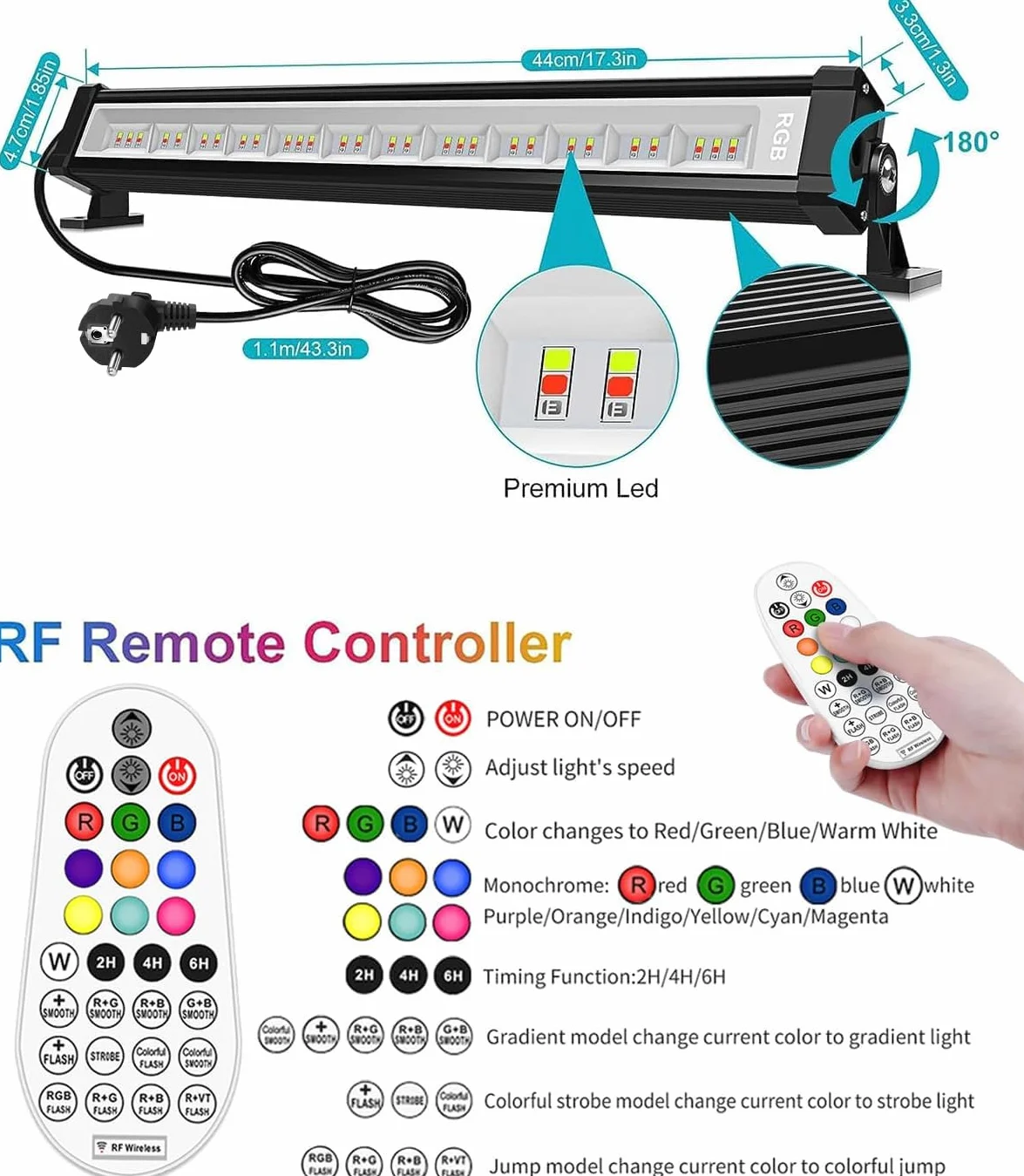 MEIHUA Projecteur LED RGB 42W Étanche IP66 Télécommande RF 360° 10 Couleurs 12 Modes