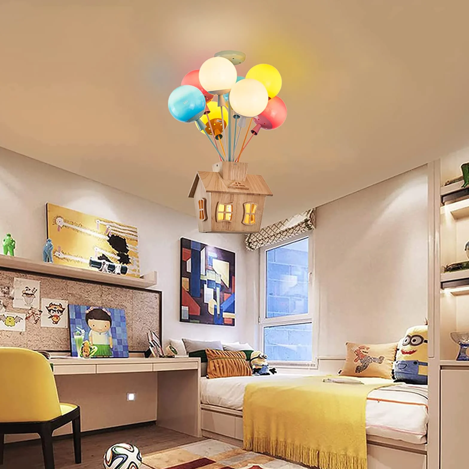 Lustre Moderne Plafonnier Enfant LED Bois Télécommande Ballon Verre Rond Chambre