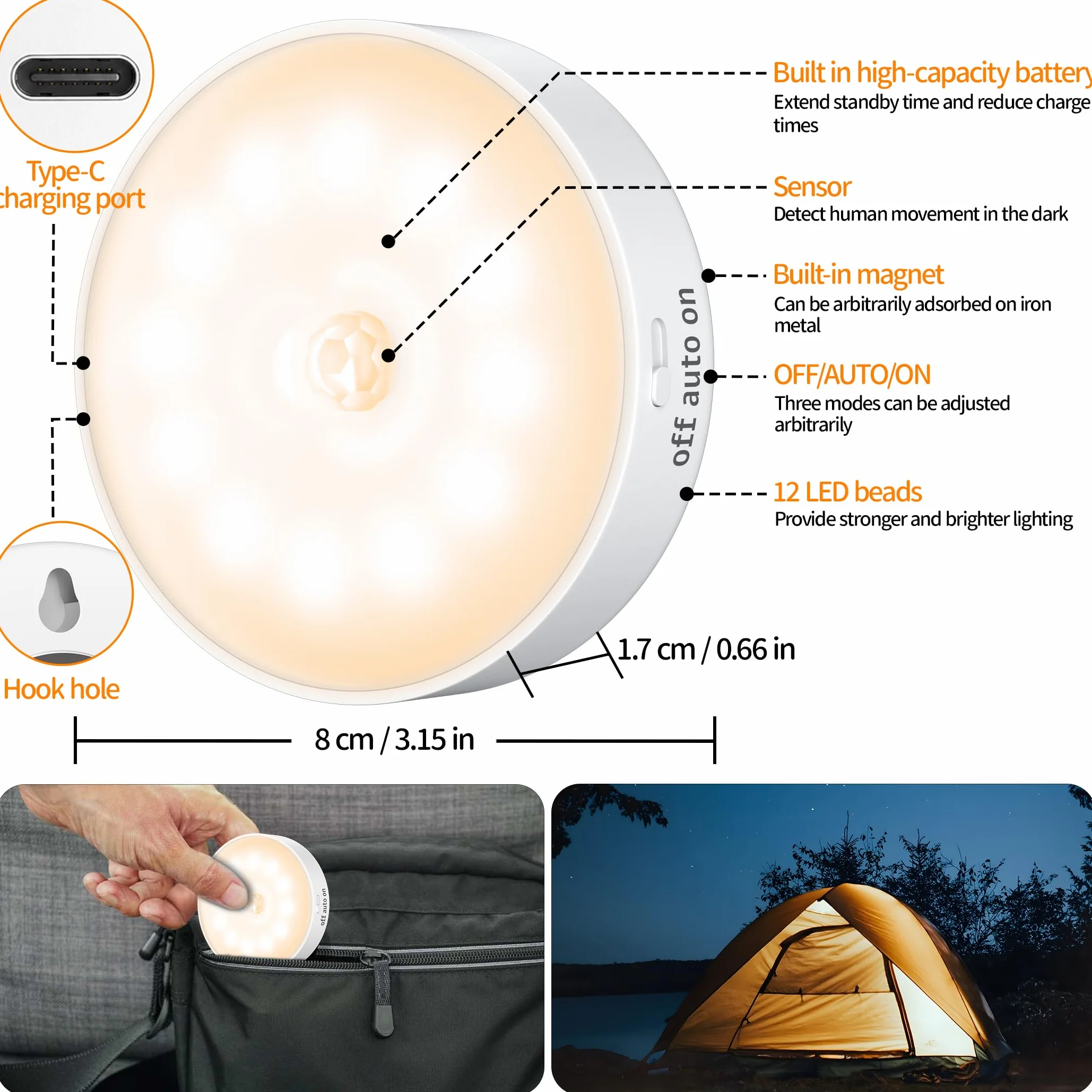 Lot de 6 veilleuses LED rechargeables USB avec détecteur de mouvement, 3 modes, lumière chaude