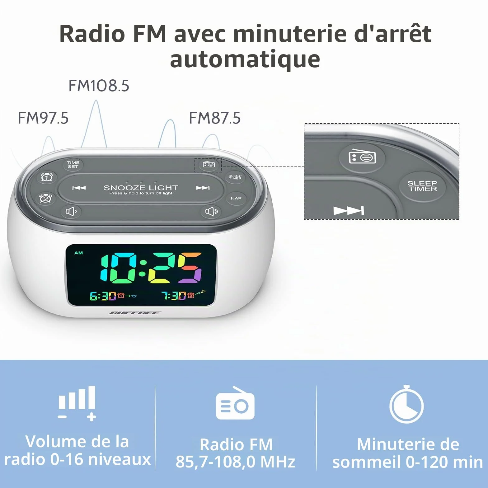 BUFFBEE Radio-réveil FM avec double alarme, veilleuse 7 couleurs, chargeur USB et variateur