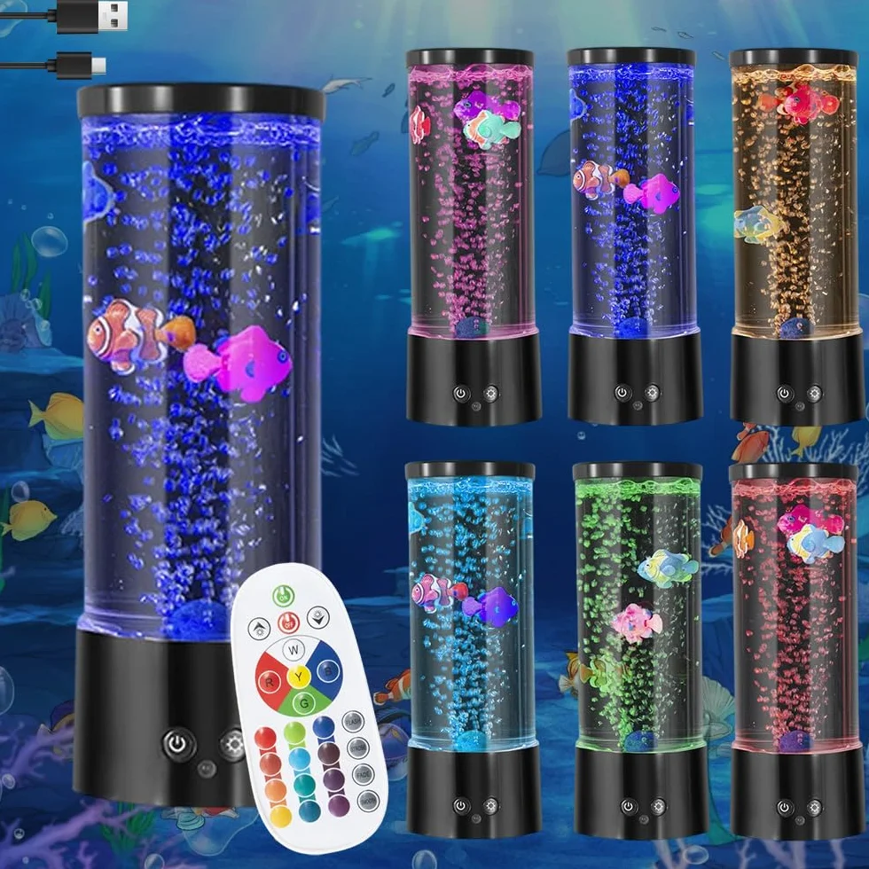 Lampe à Lave LED avec Télécommande, 16 Couleurs, 4 Modes, Faux Aquarium Poisson, Veilleuse Maison