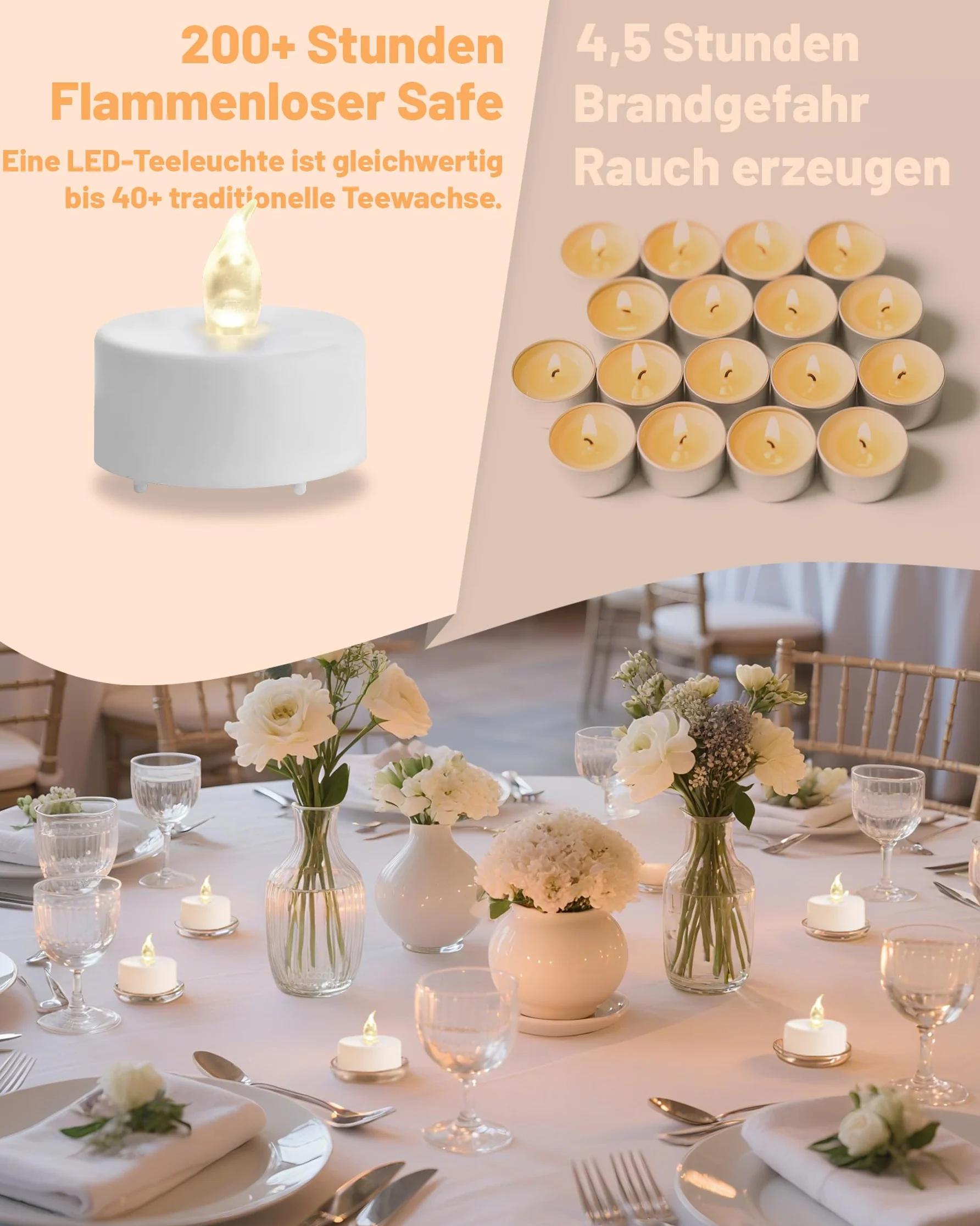 Lot de 24 bougies LED chauffe-plat sans flamme, réalistes, vacillantes, électriques, boîte durable 200 heures blanc chaud