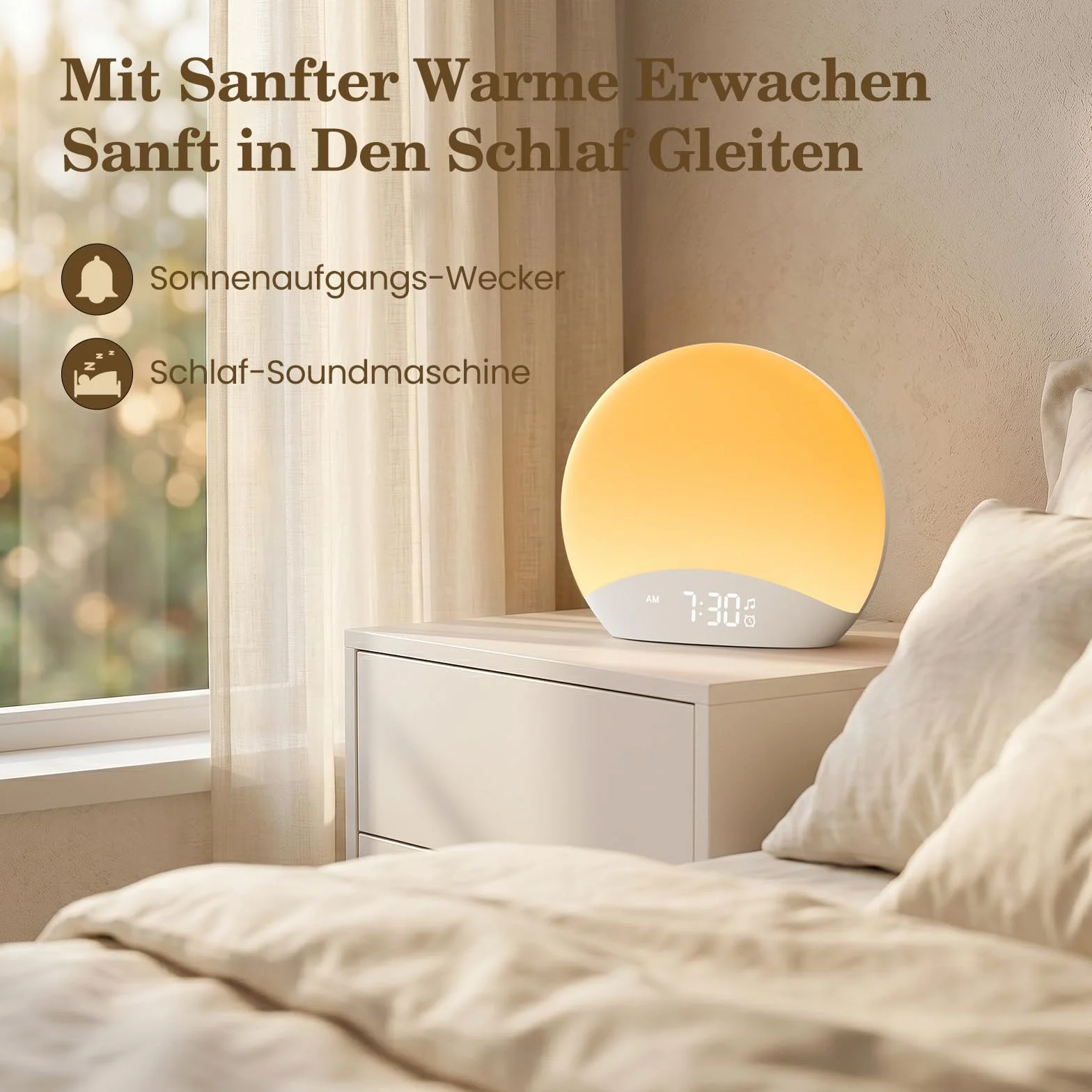 Réveil Lumière Simulant l’Aube avec Bruits Blancs, Lampe de Réveil Veilleuse Horloge Numérique Dimable 0–100%, 26 Sons Relaxants