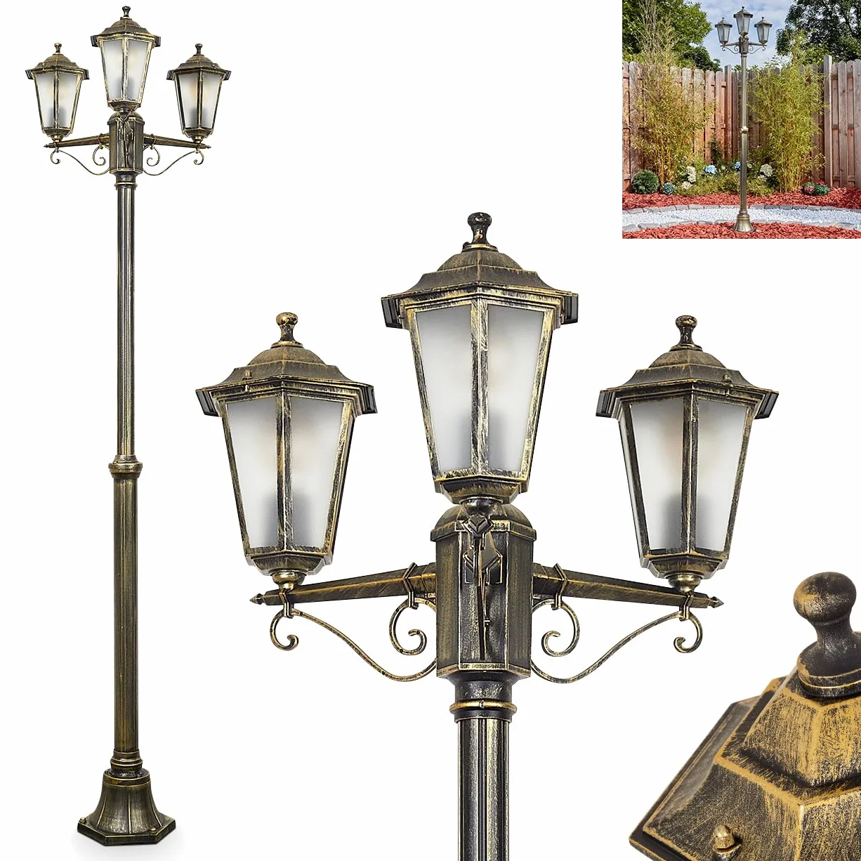 Lampadaire Loria métal verre doré marron verre dépoli antique vintage jardin terrasse 200 cm 3x E27 IP44