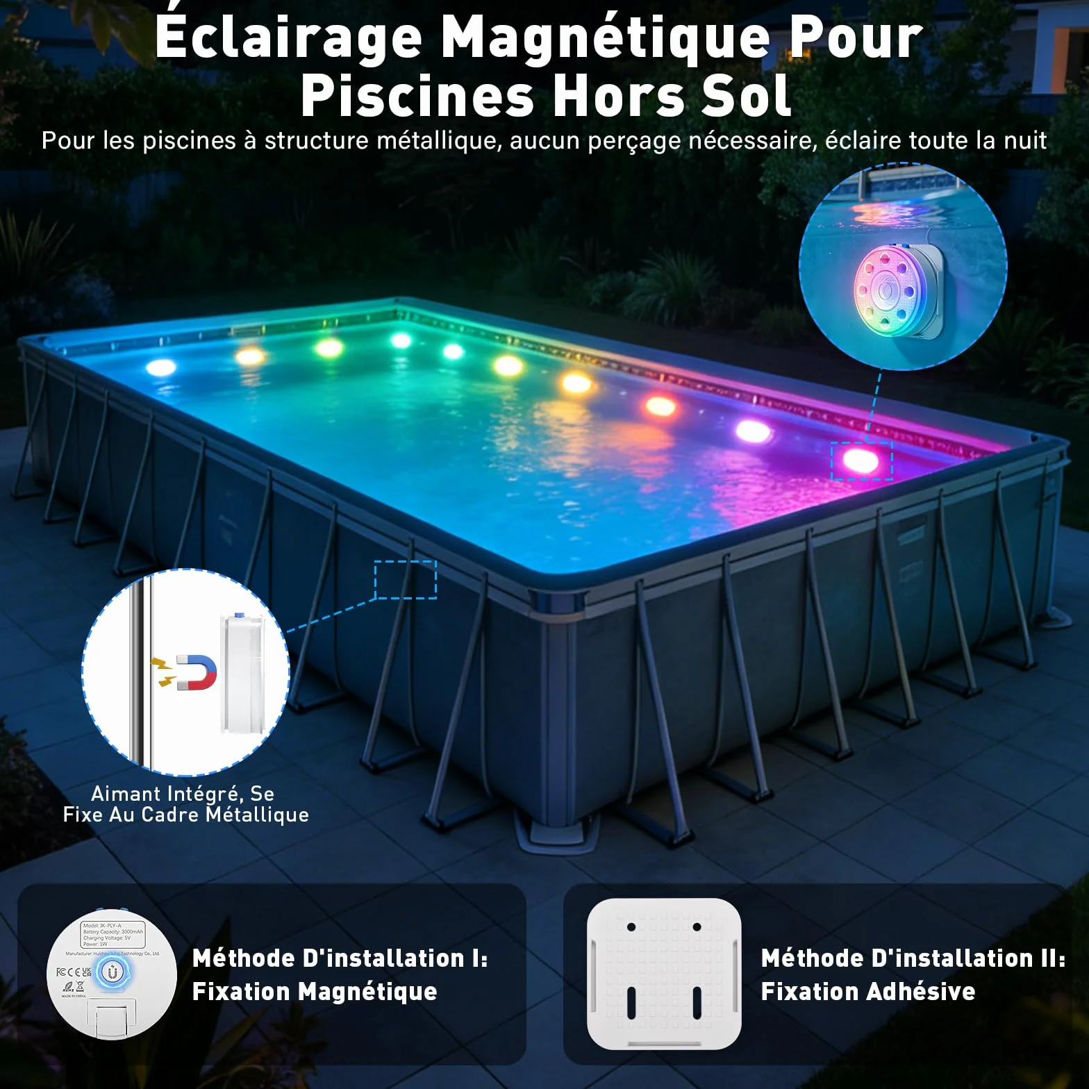 Lumiere Piscine LED RGB Submersibles Rechargeables IP68, 2 Lampes avec Télécommande, Éclairage Magnétique Flottant