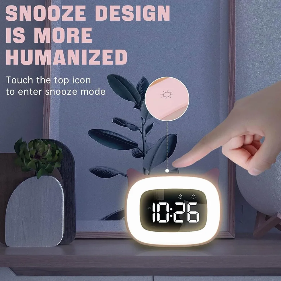 Réveil Enfant Éducatif LED Veilleuse Pendule Chambre Kid 5 Couleurs 18 Musiques Cadeau Anniversaire Fille Garçon Rose