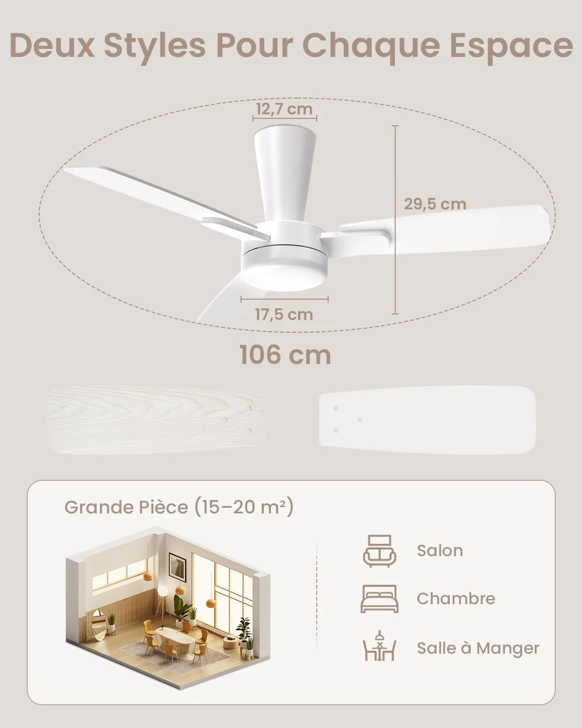 Ventilateur Plafond 106cm avec Lumière Silencieux, Télécommande, LED Dimmable, 6 Vitesses, Moteur DC Réversible
