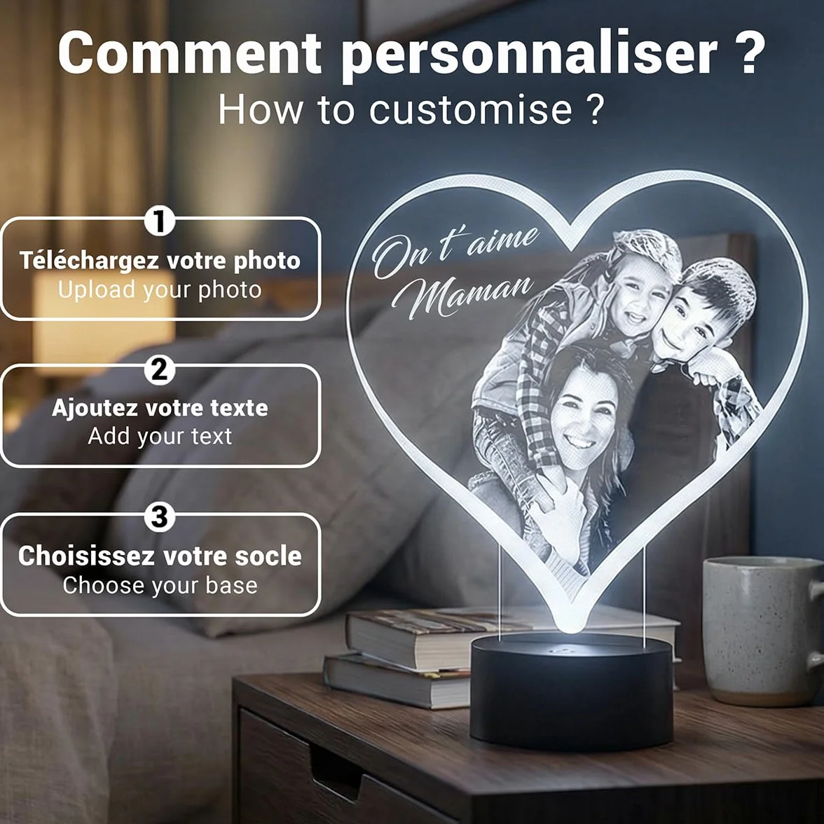 Lampe Photo Personnalisée Coeur, Cadeau Couple Personnalisé, Lampe de Chevet avec Photo et Texte