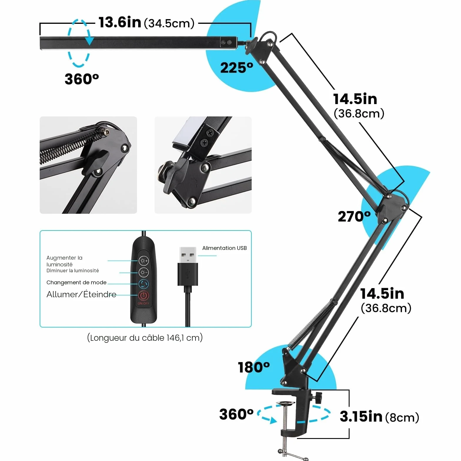 BIENSER Lampe de Bureau LED Architecte 14W Pliable avec Pince, 10 Niveaux de Luminosité x 3 Modes de Couleur, Réglable