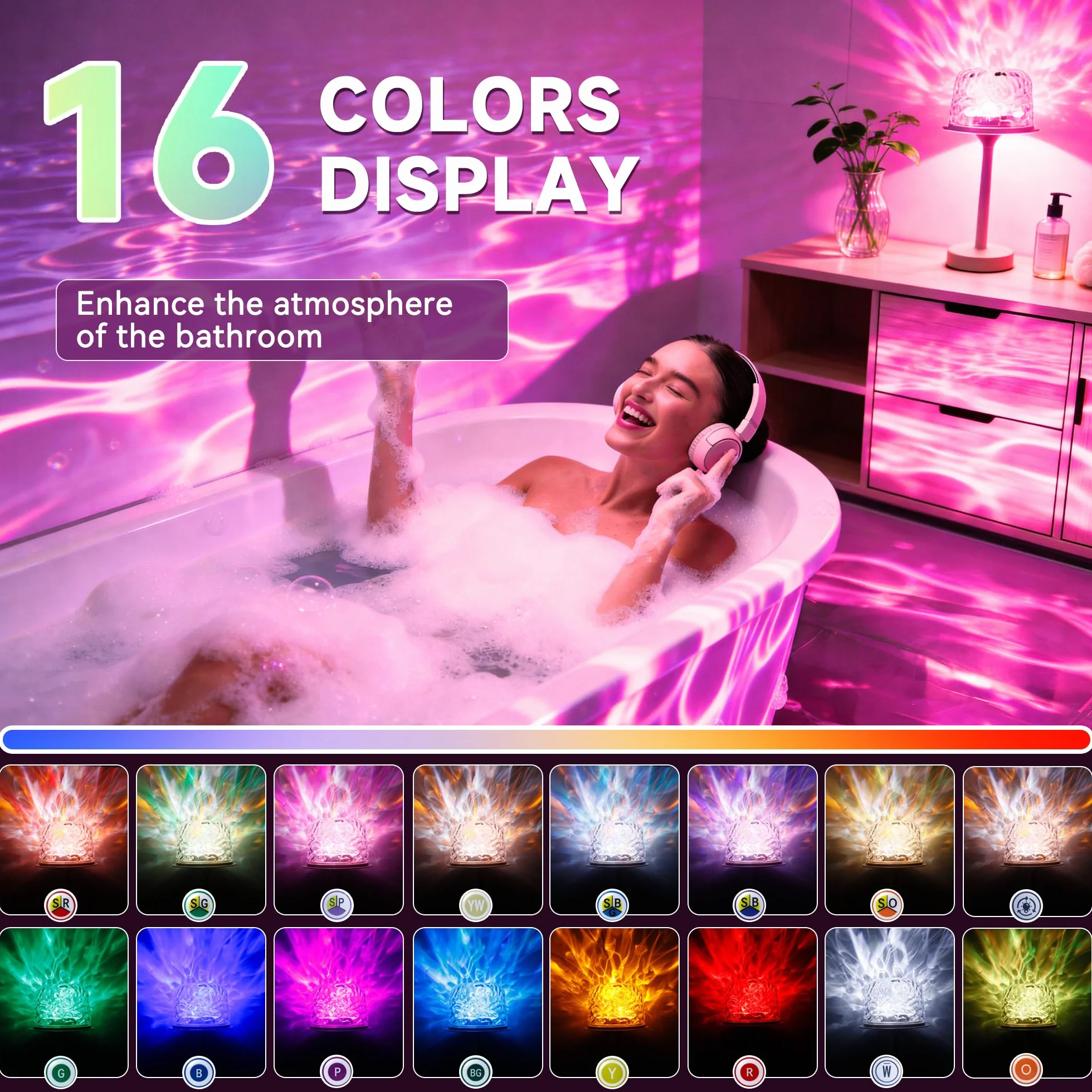 Akynite Lampe de Douche LED sans Fil 16 Couleurs RVB Étanche IP44 Tactile Télécommandée Rechargeable
