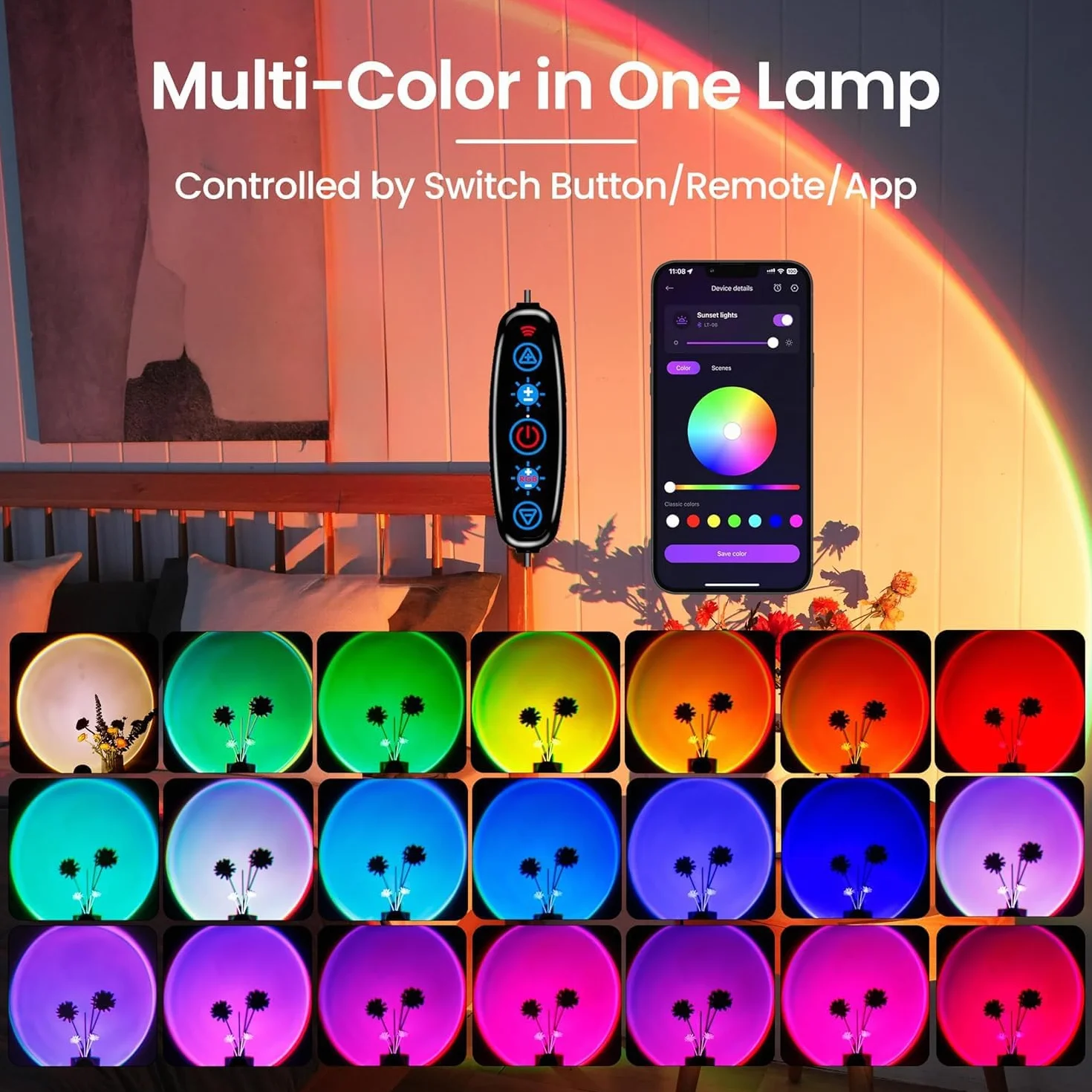 Lampe Coucher de Soleil LED Multicolore 360° avec Télécommande et Application
