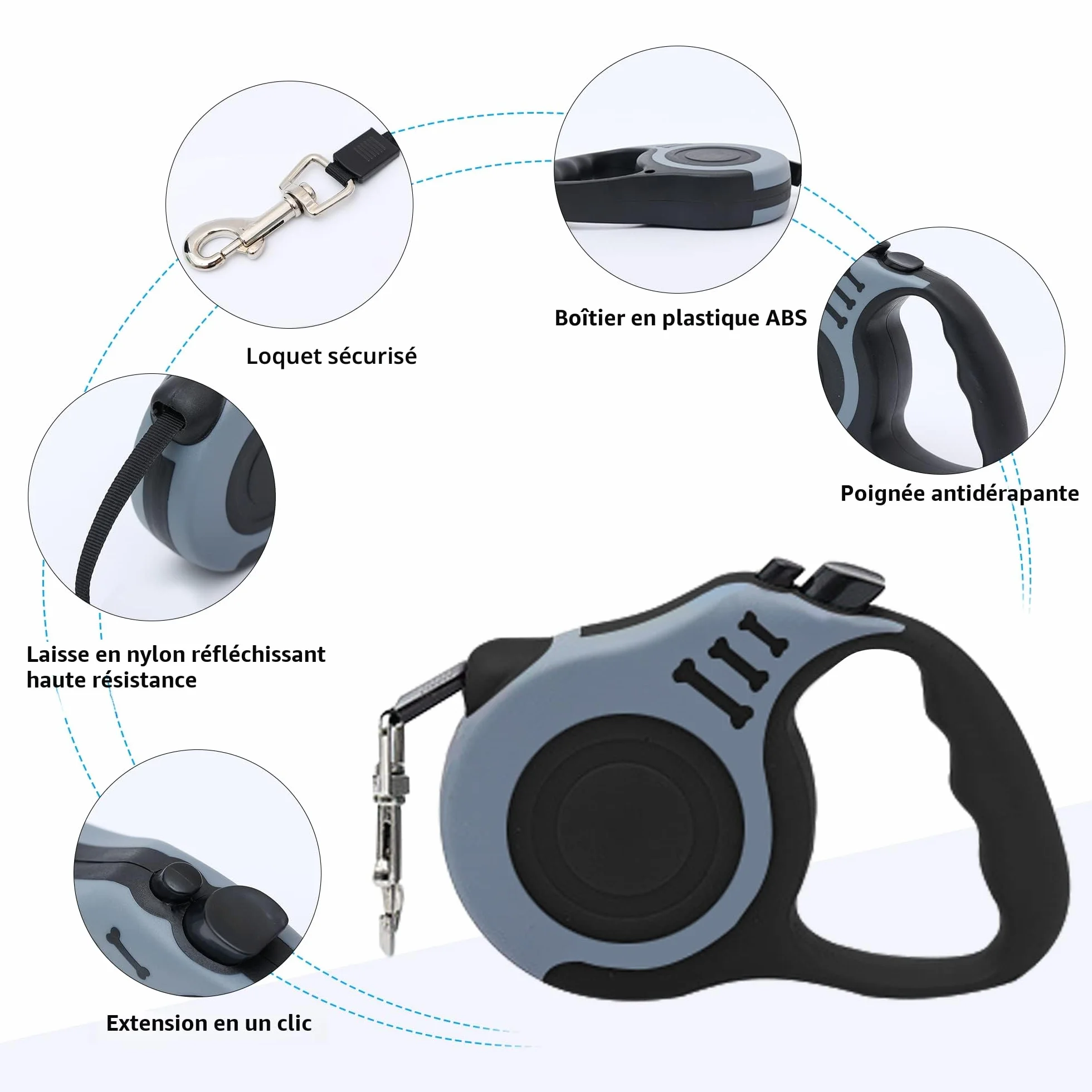 Harnais pour Chat avec Laisse Enrouleur 5m, Anti-éclatement, Réglable Filet Respirant pour Chaton Chiot (Gris, M)