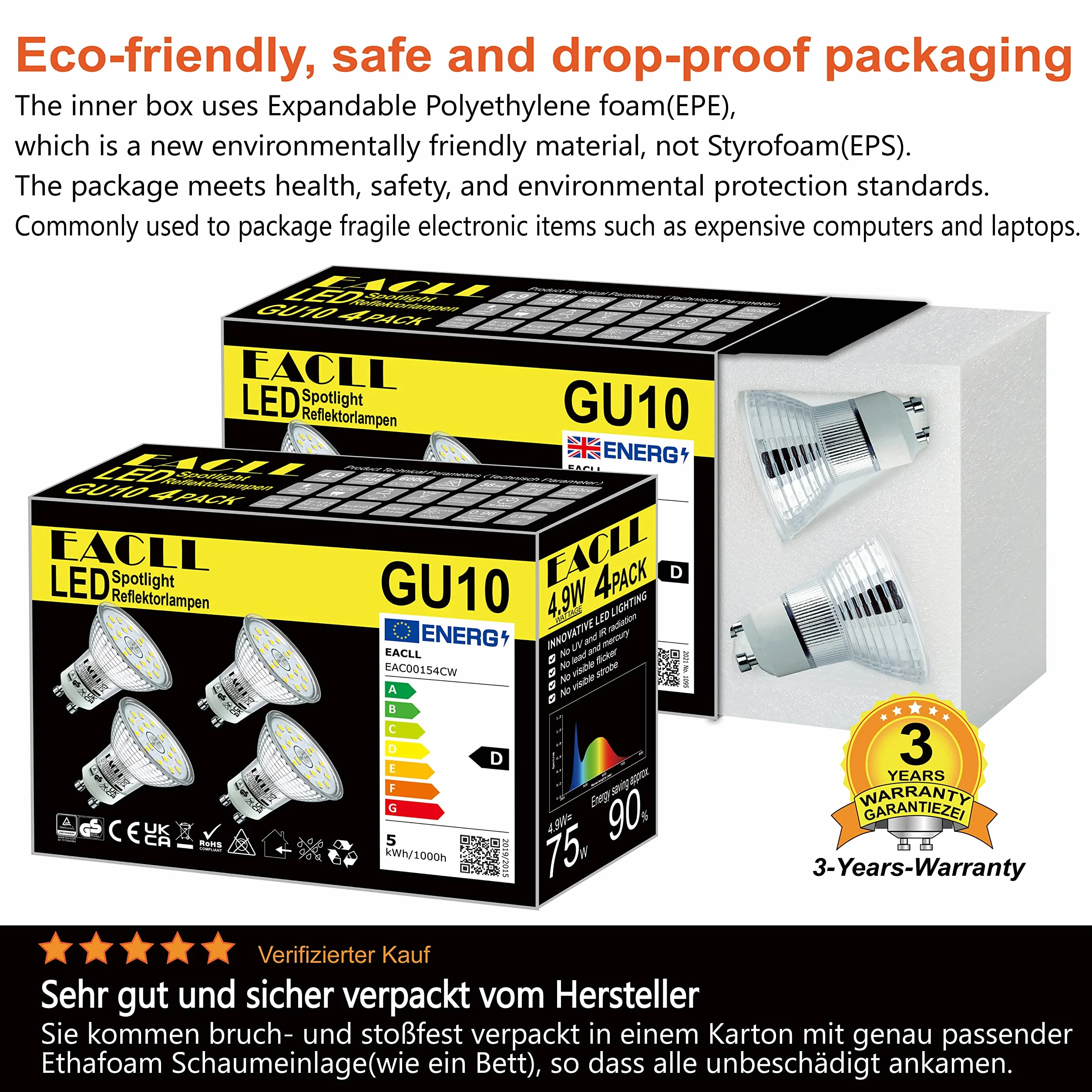 Ampoules LED GU10 Blanc Froid 4.9W Équivalent Halogène 75W Lot de 4 6000K 585 Lumens 120° Non Dimmable AC 230V