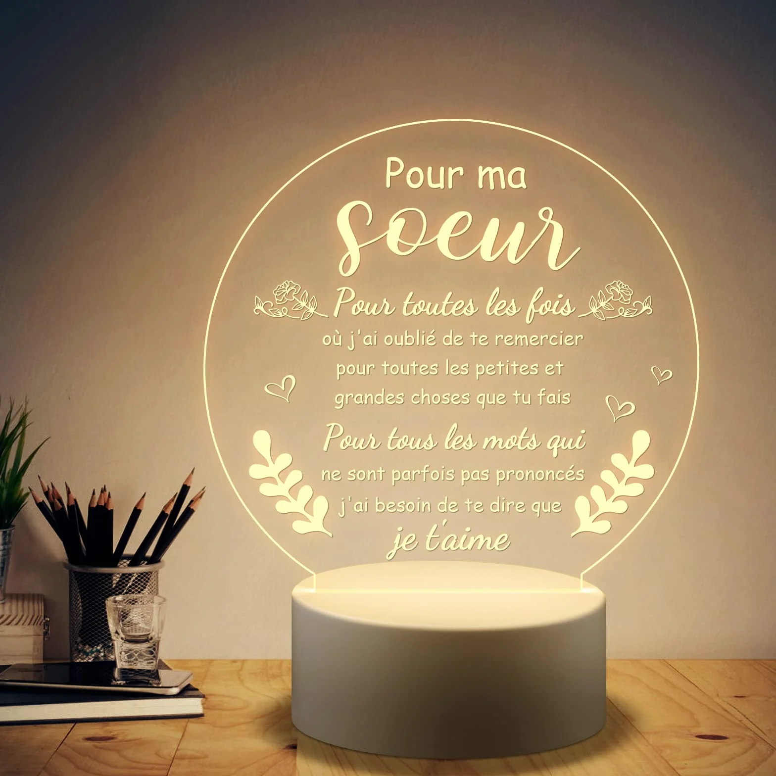 Welsky Veilleuse LED Cadeau pour Soeur Anniversaire Mariage Noel Fete des Meres Acrylique Decoration