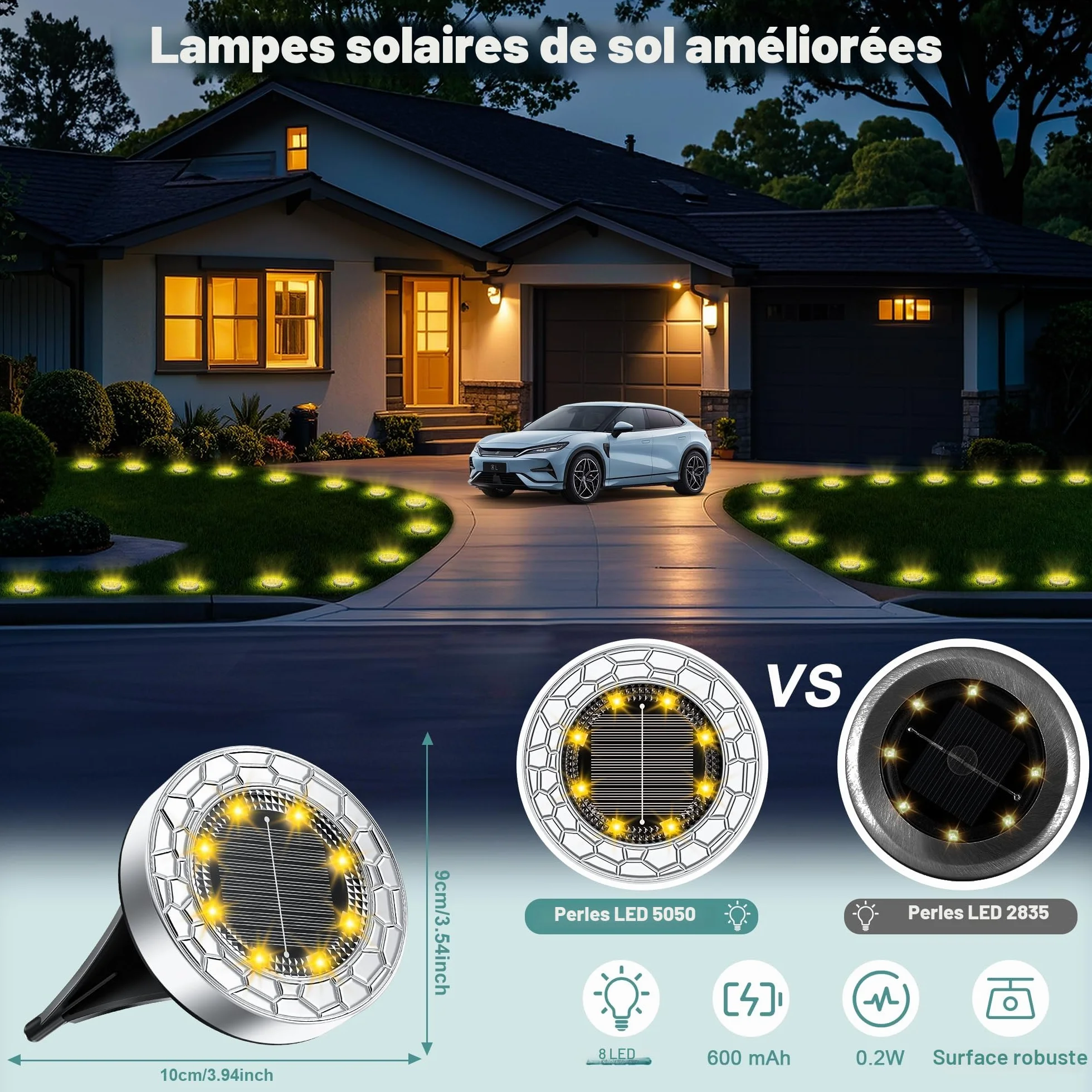 FIFlying Lampe Solaire Exterieur 10 Pièce LED Blanc Chaud, Acier Inoxydable, pour Jardin, Allée, Trottoir