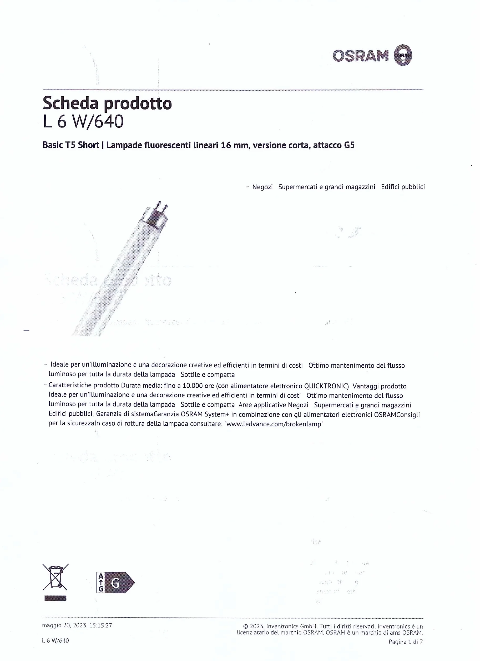 Osram T5 Basic Short 6W G5 Cool White Fluorescent Bulb 270Lm 5000H