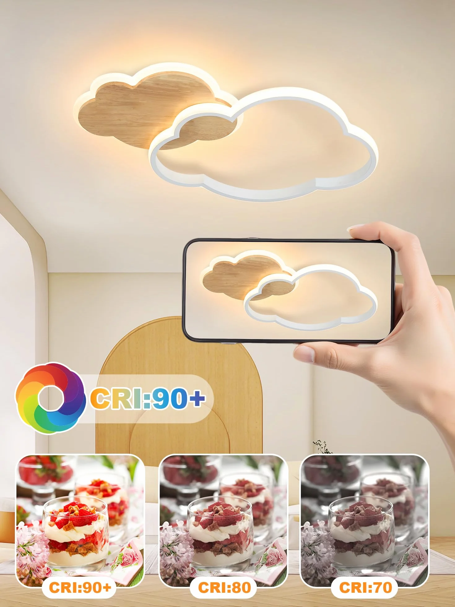Plafonnier LED nuage 40CM 22W Dimmable avec Télécommande 3000K-6000K pour Chambre Enfant