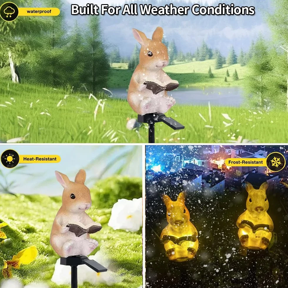 Lumières de lecture lapin solaires, lampe de sol animal résine décorative jardin, LED imperméables crépuscule à l'aube