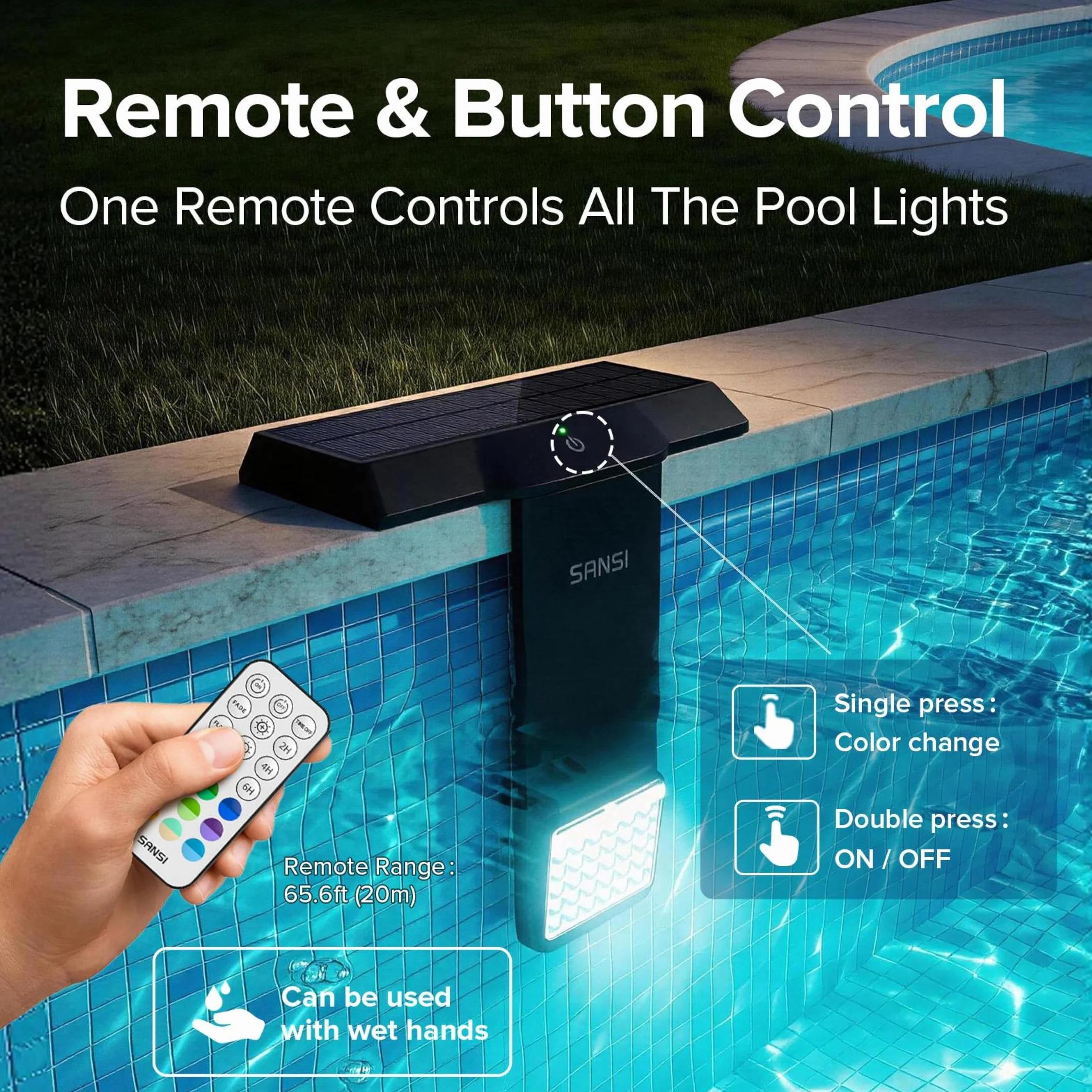 SANSI Lampe Solaire Piscine LED Submersible IP68 Grand Angle 150° RGB USB-C Télécommande