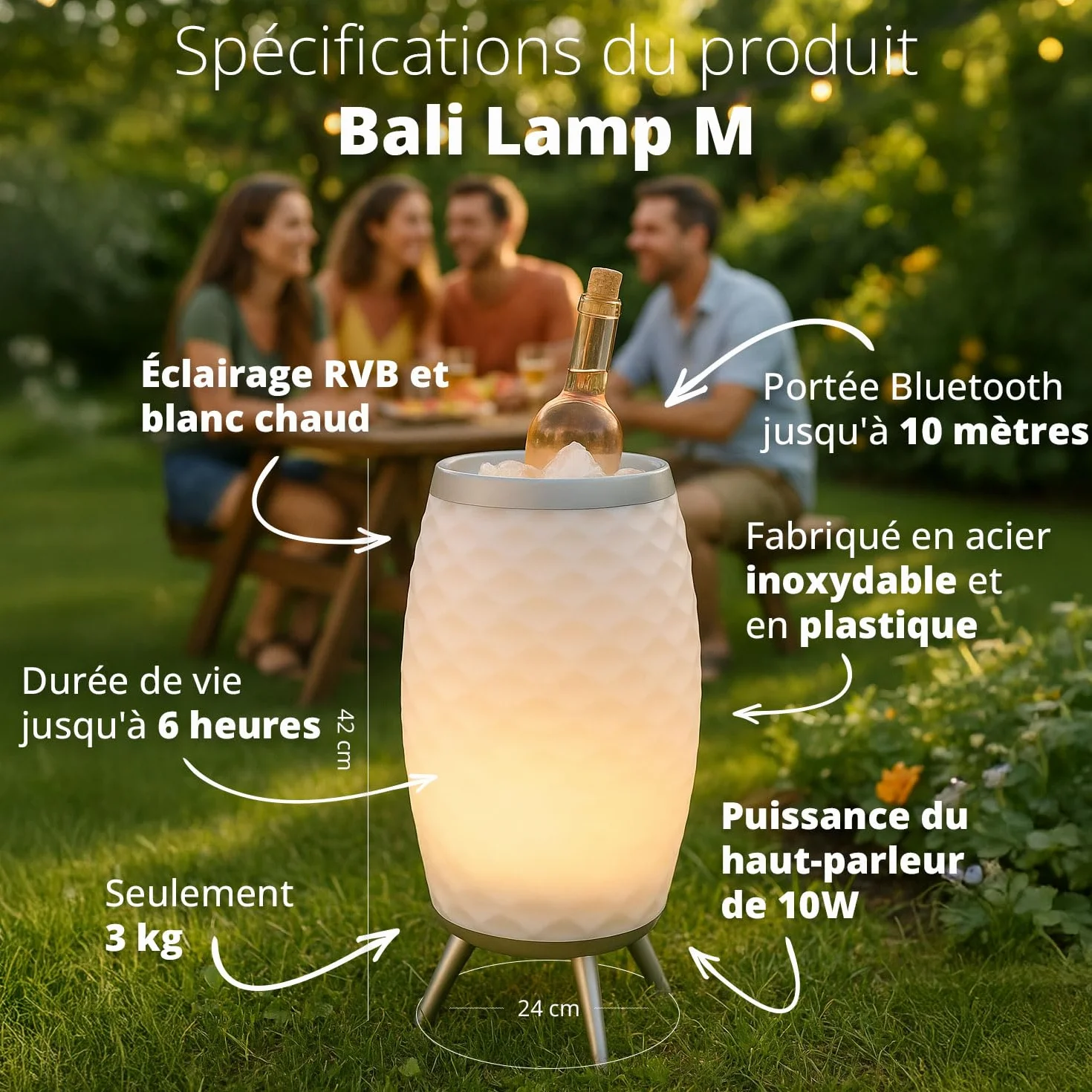 FLINQ Haut-Parleur Bluetooth Portable Lampe LED Bali avec Refroidisseur à vin Étanche aux éclaboussures Blanc
