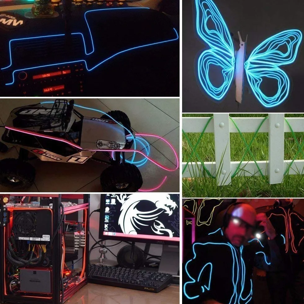 Fil Néon EL Câble Guirlande Lumineuses 3 Mode Éclairage Fix Clignotant Stroboscope 5x1M Tube Fluo El Wire Déco Vêtement Fête (5 Couleurs)
