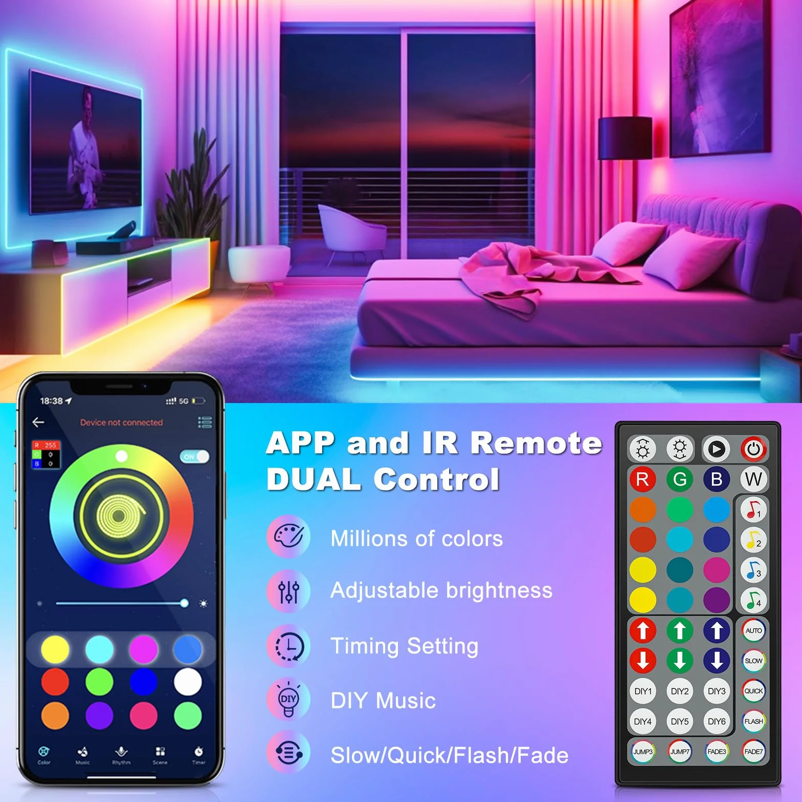 Ruban LED 10M Flexible RGB Bluetooth App Contrôle Synchronisé Musique Chambre Gaming Plafond
