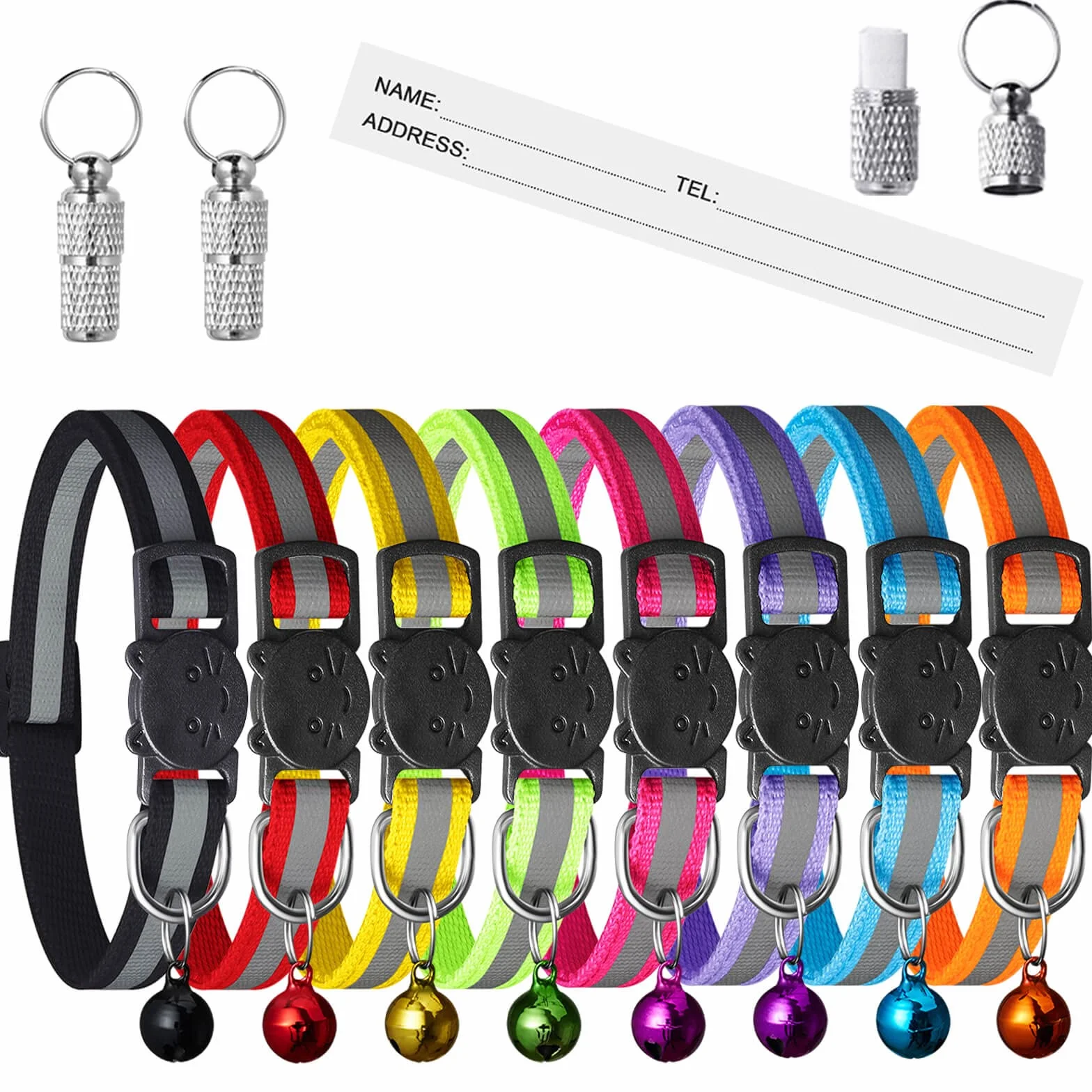 Extodry Collier de sécurité pour Chat à libération Rapide, réfléchissant avec clochettes, réglable 19,1-31,5 cm, Lot de 2 étiquettes, 8 Couleurs