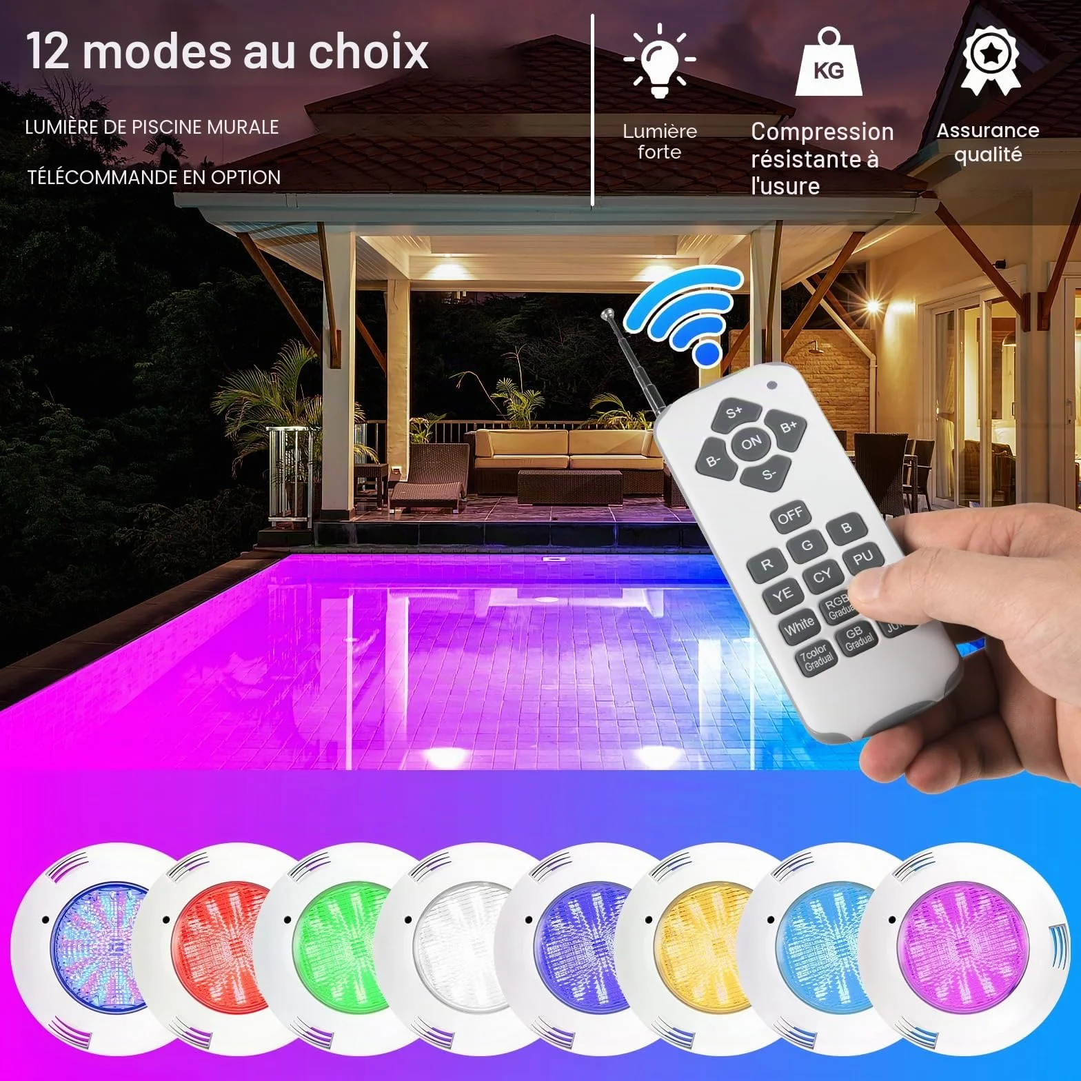 Ledmo Éclairage de piscine LED RVB PAR56 38 W IP68 12 V avec télécommande