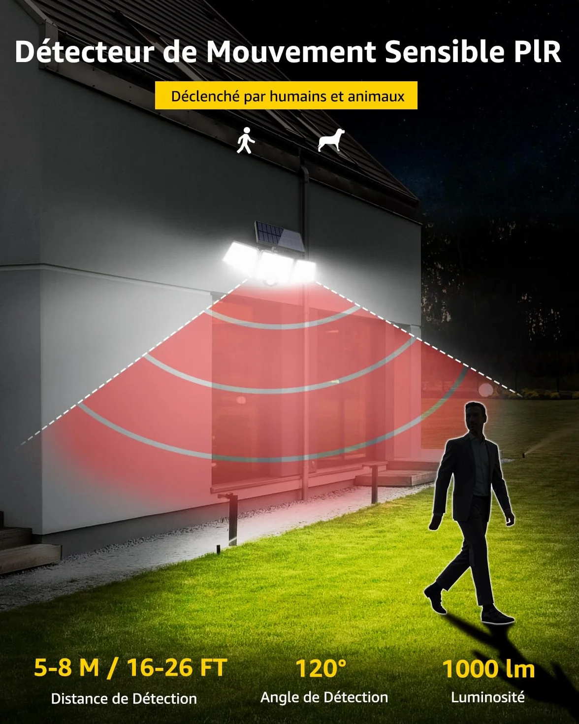 Lepro Lampe de Sécurité Solaire Extérieure 1200LM, Projecteur avec Détecteur de Mouvement PIR, 3 Têtes, IP65 Étanche