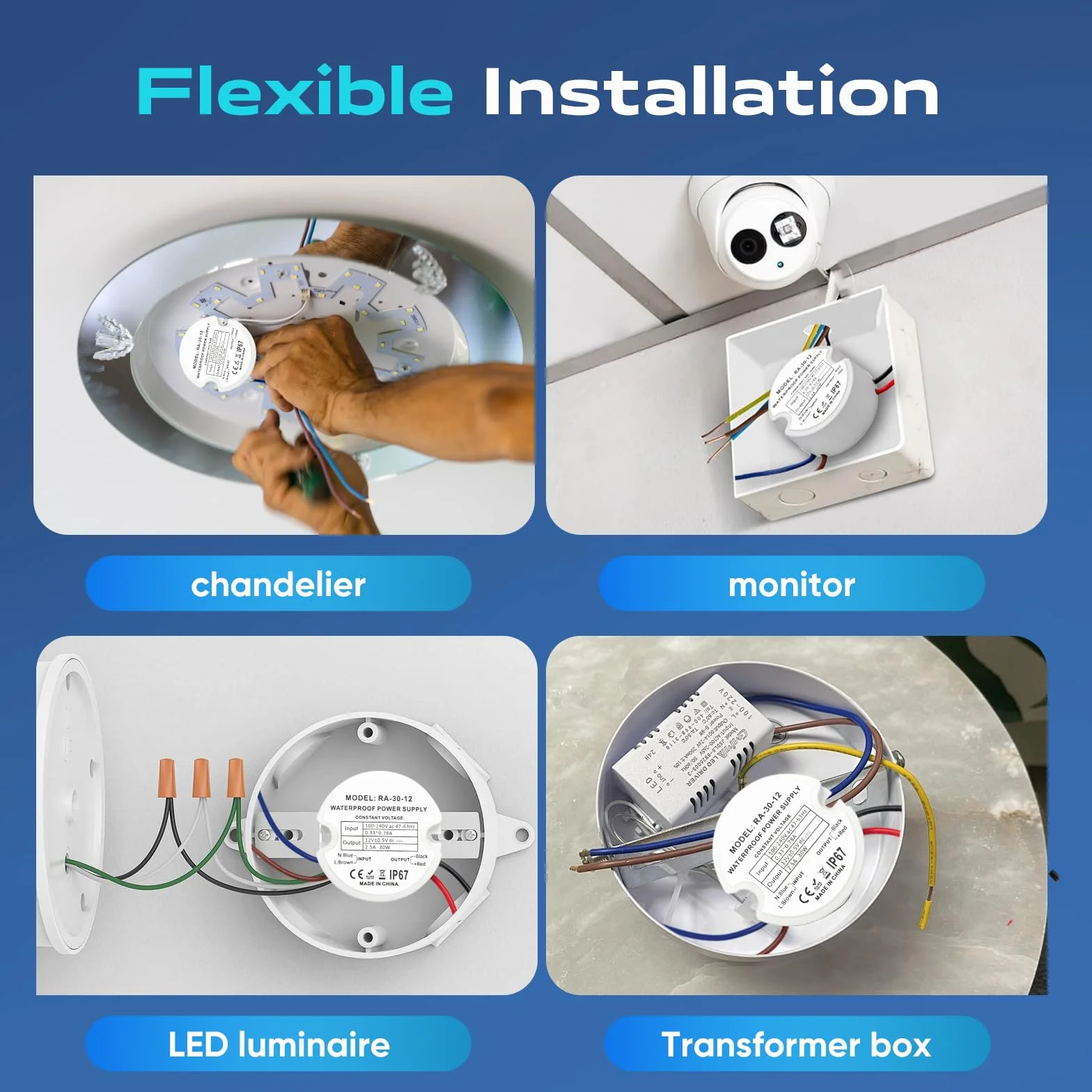 Transformateur LED 12V 30W 2.5A IP67 Étanche Alimentation Rond Ø48mm avec 2 Connecteurs