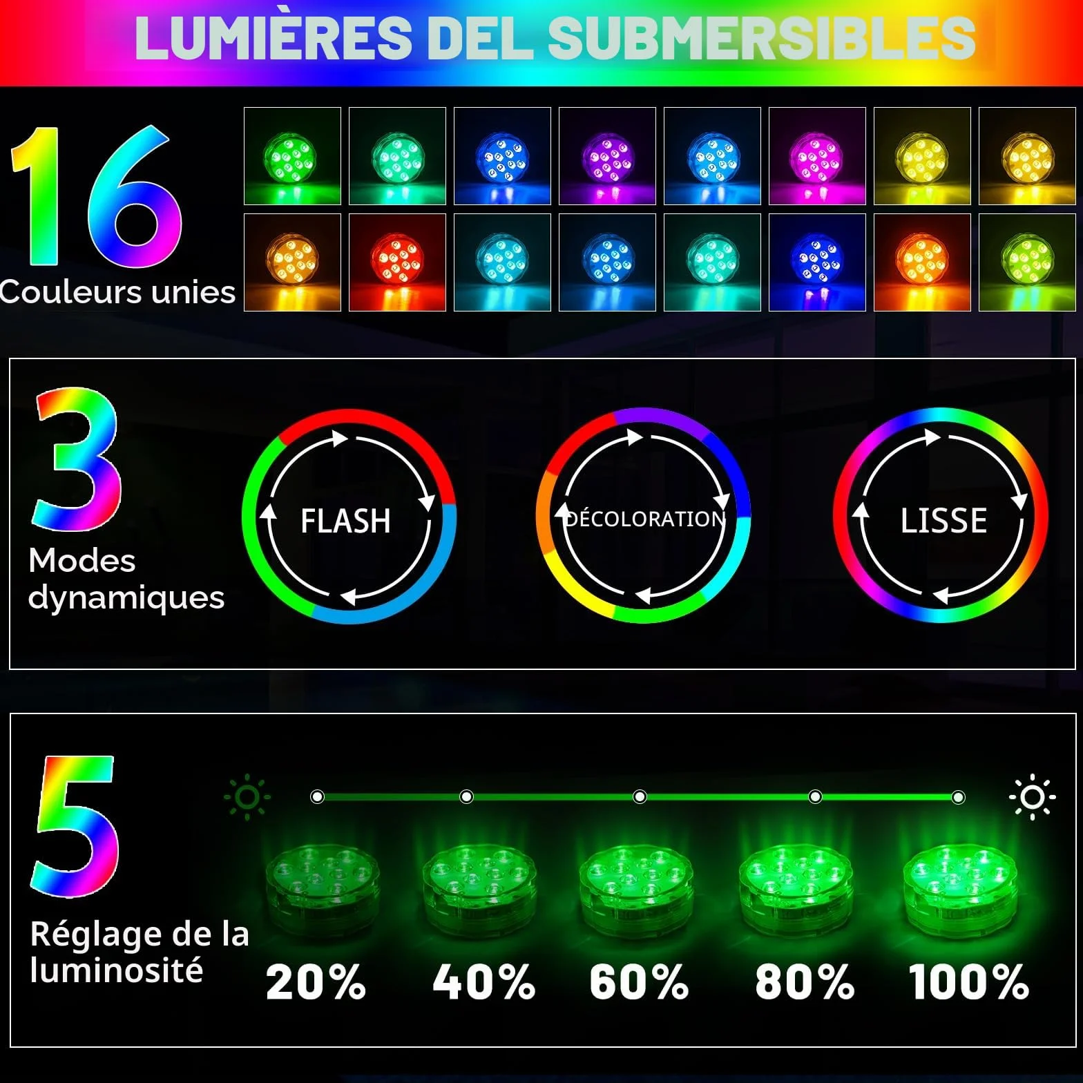 Lumières submersibles LED RGB étanches avec télécommande et batterie pour piscine spa aquarium