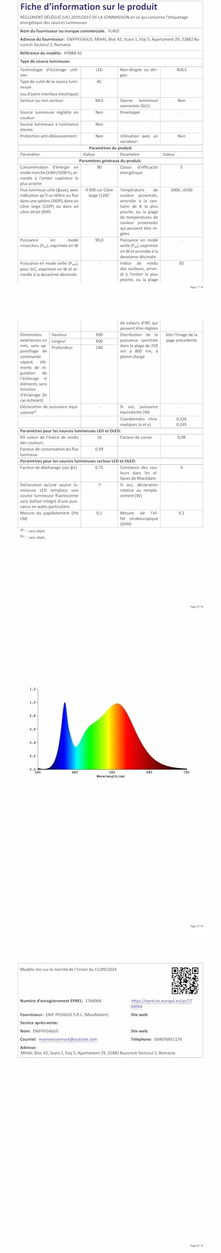 YUNZI Ventilateur de Plafond avec Lumière LED Dimmable Télécommande 6 Vitesses Blanc 90CM