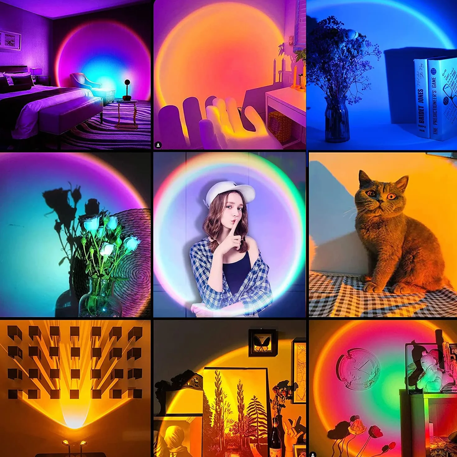 Lampe Coucher de Soleil Sunset Lamp USB, Lumière Arc-en-Ciel LED Réglable 24 Couleurs 4 Modes, Rotation 180°