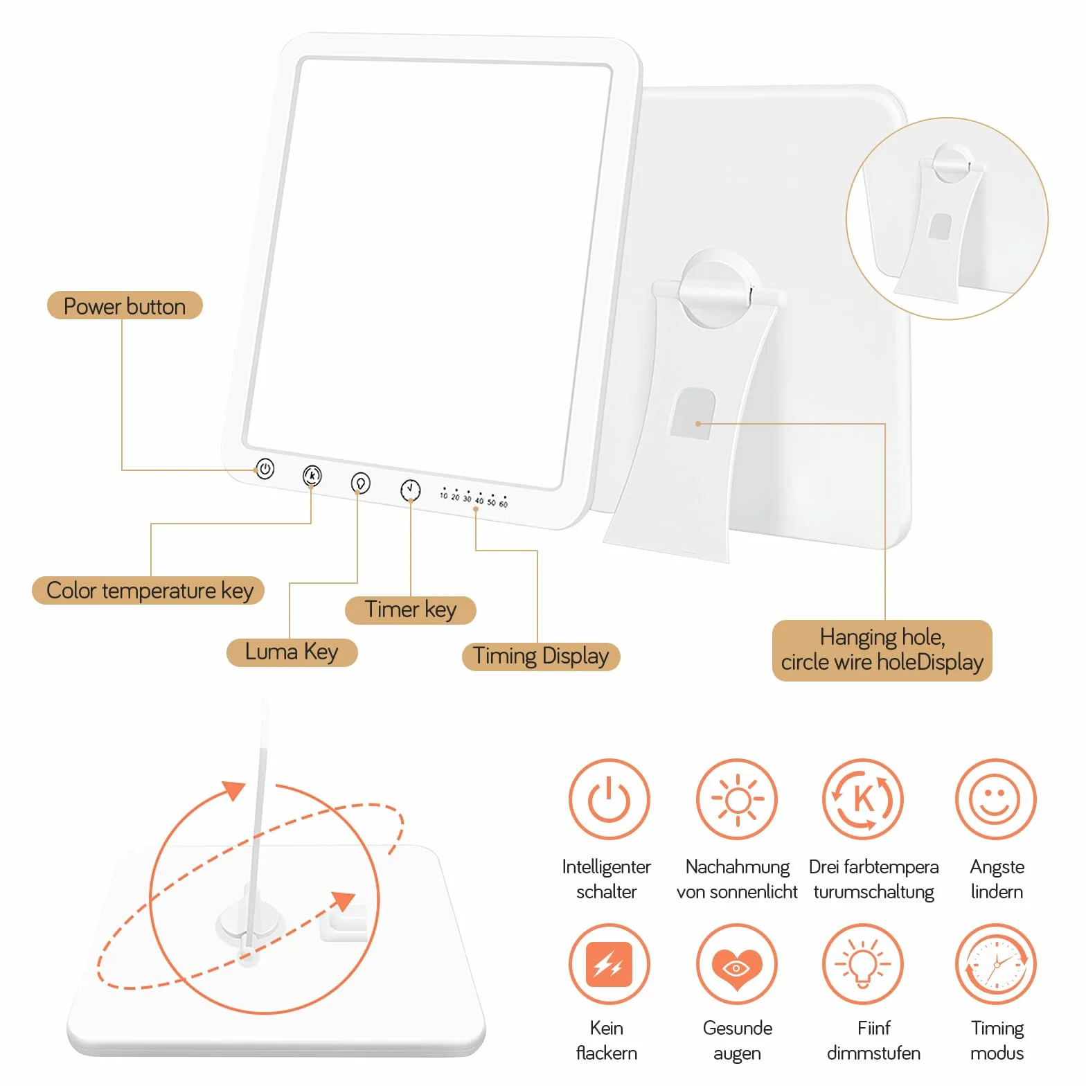Lampe de luminothérapie 15000 Lux Sans UV, 3 températures de couleur, 5 niveaux de luminosité, mémoire, support pliant 180°