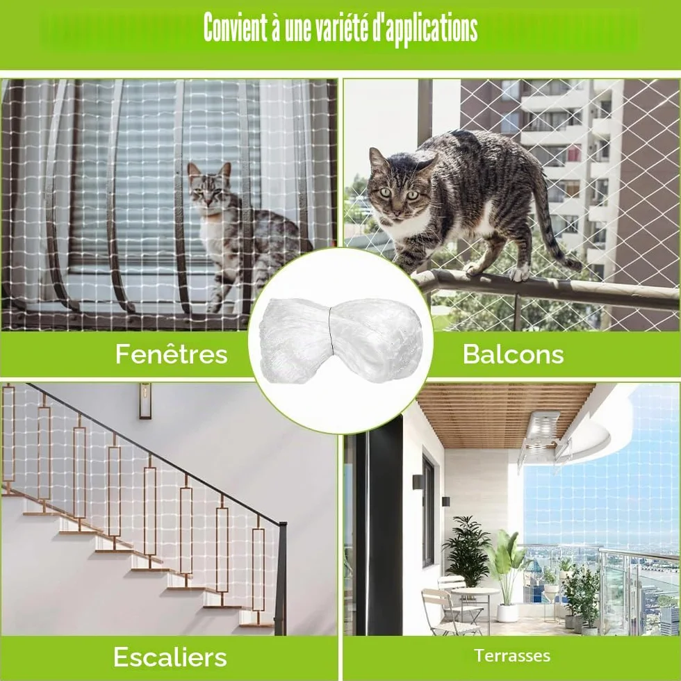 Filet de protection pour chat transparent 6 x 3 m nylon maille 2,5 cm résistant UV intempéries sécurité balcon
