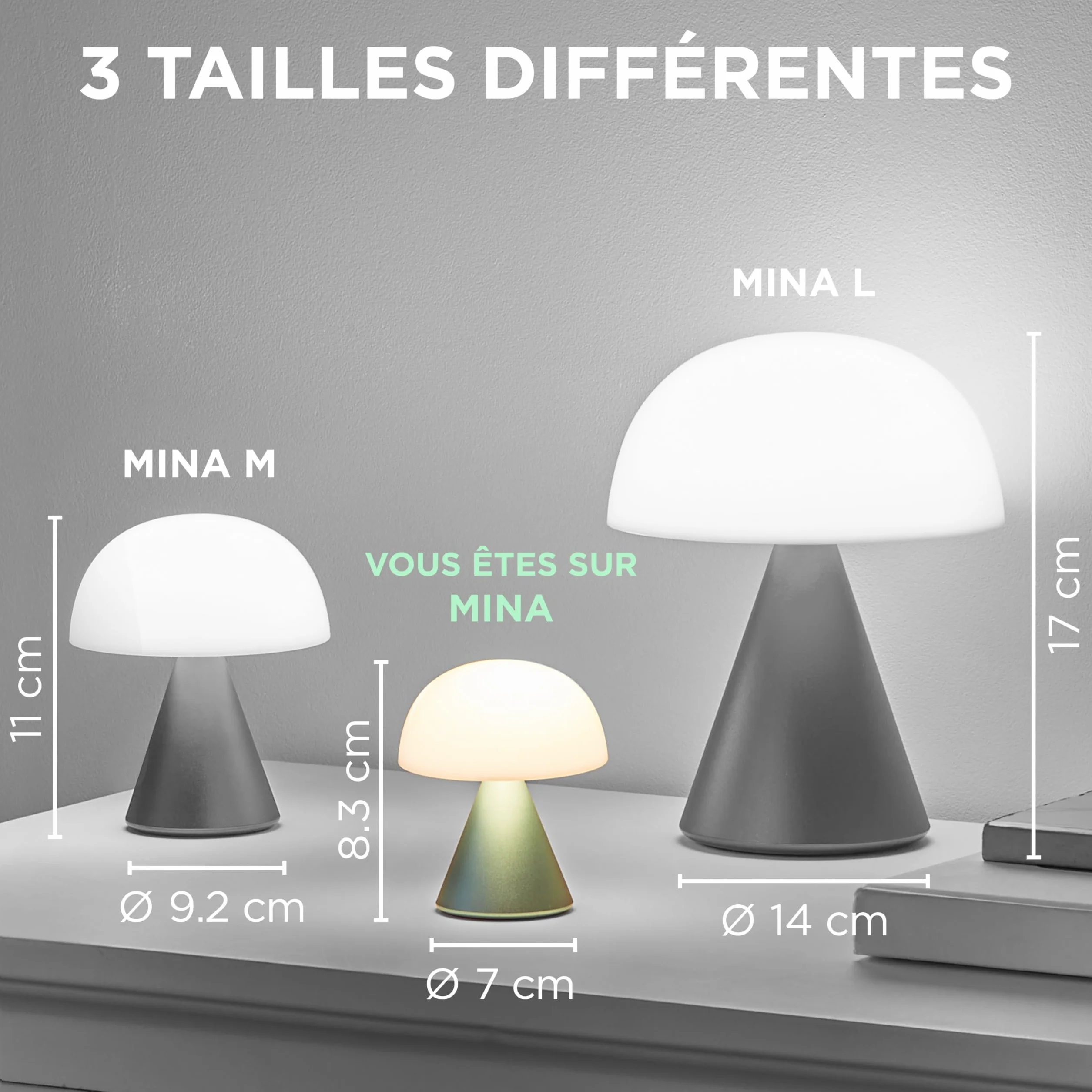 Lexon MINA Mini Lampe Champignon sans fil rechargeable LED à poser variateur intensité 12h autonomie Bleu Clair