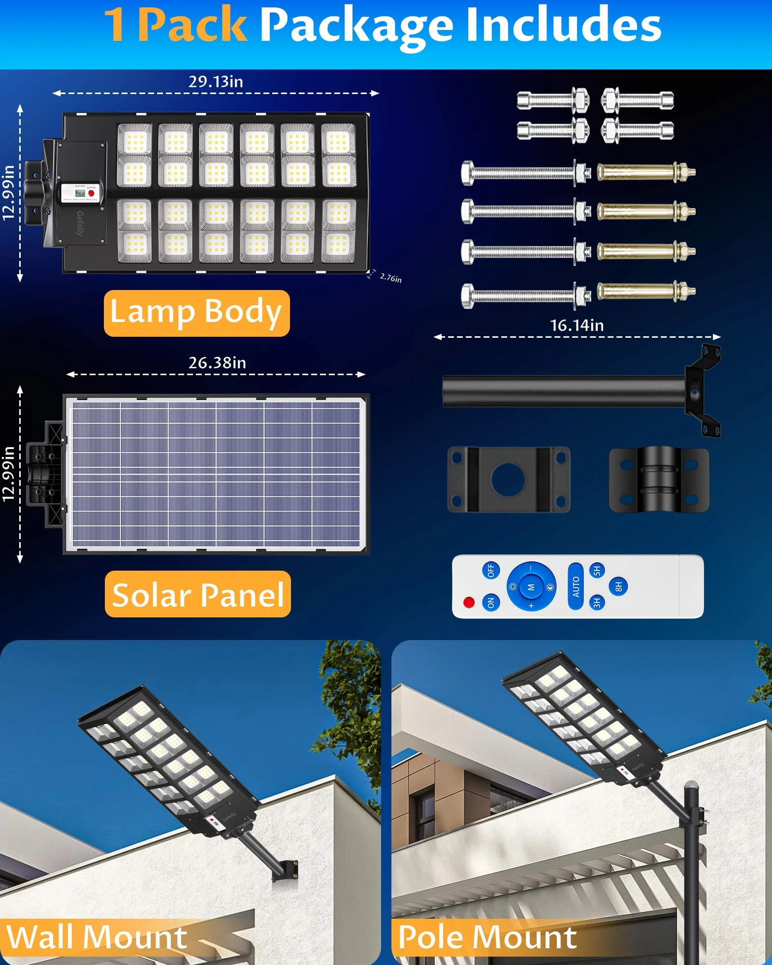 Gefolly SL-9800W Solaire Exterieur Lampadaire 860000LM 6500K IP67 Projecteur Solaire avec Télécommande