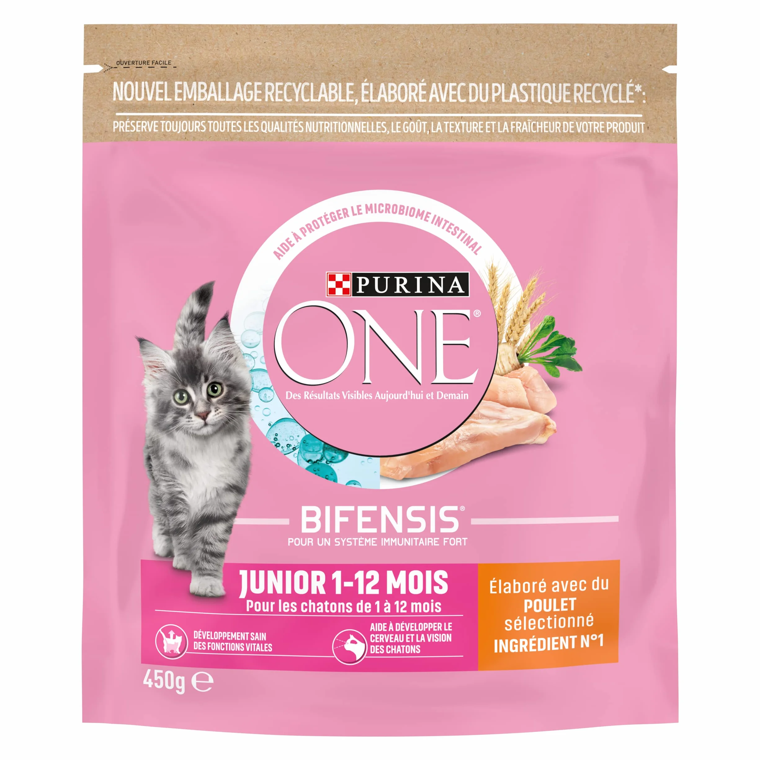 PURINA ONE BIFENSIS JUNIOR Croquettes Chaton jusqu'à 12 mois Chattes Gestation Poulet 450g
