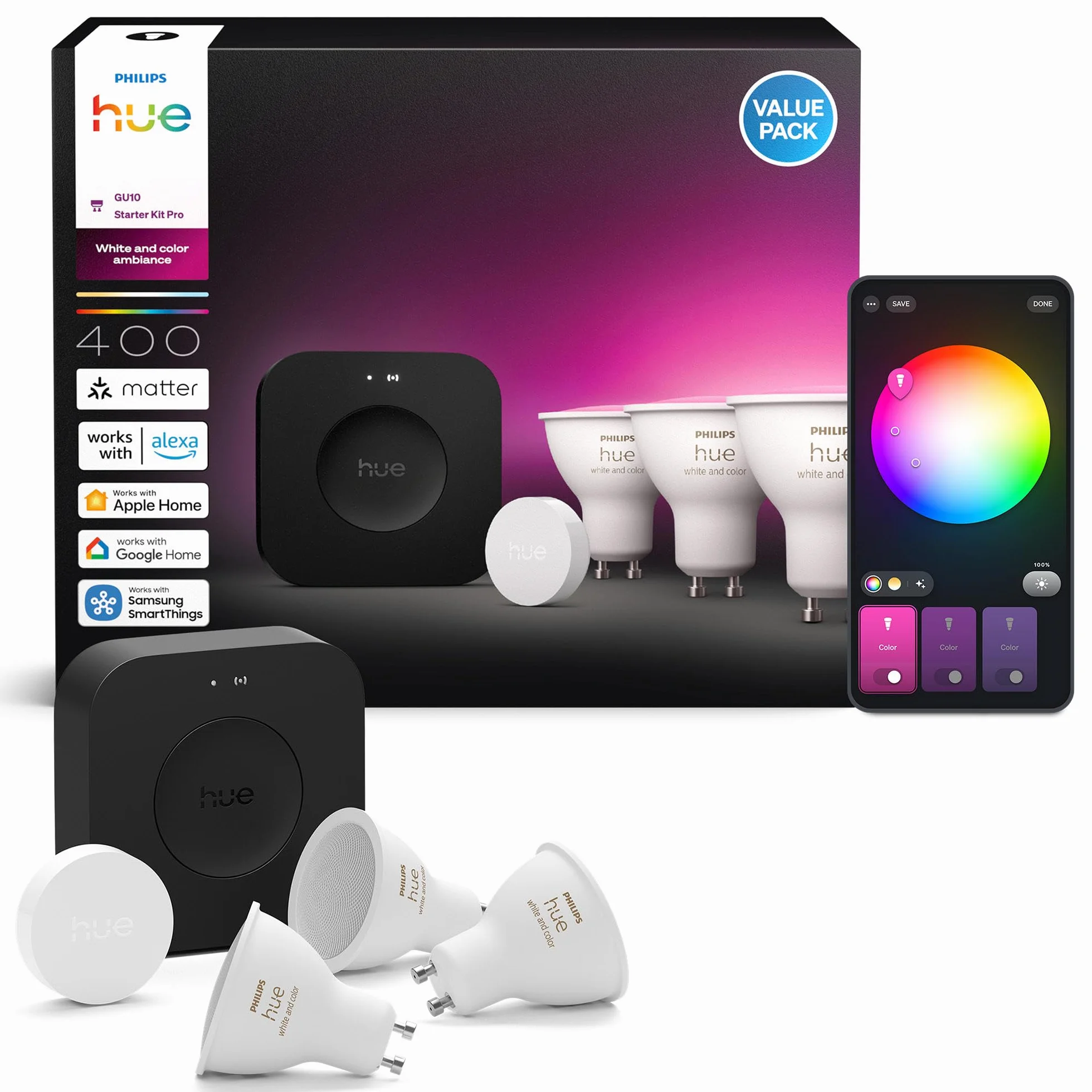 Philips Hue Kit de Démarrage avec Bridge Pro 3 Spots GU10 Smart Button White Color Ambiance Ampoule Dimmable Éclairage Connecté Compatible Apple Home Alexa Google Assistant