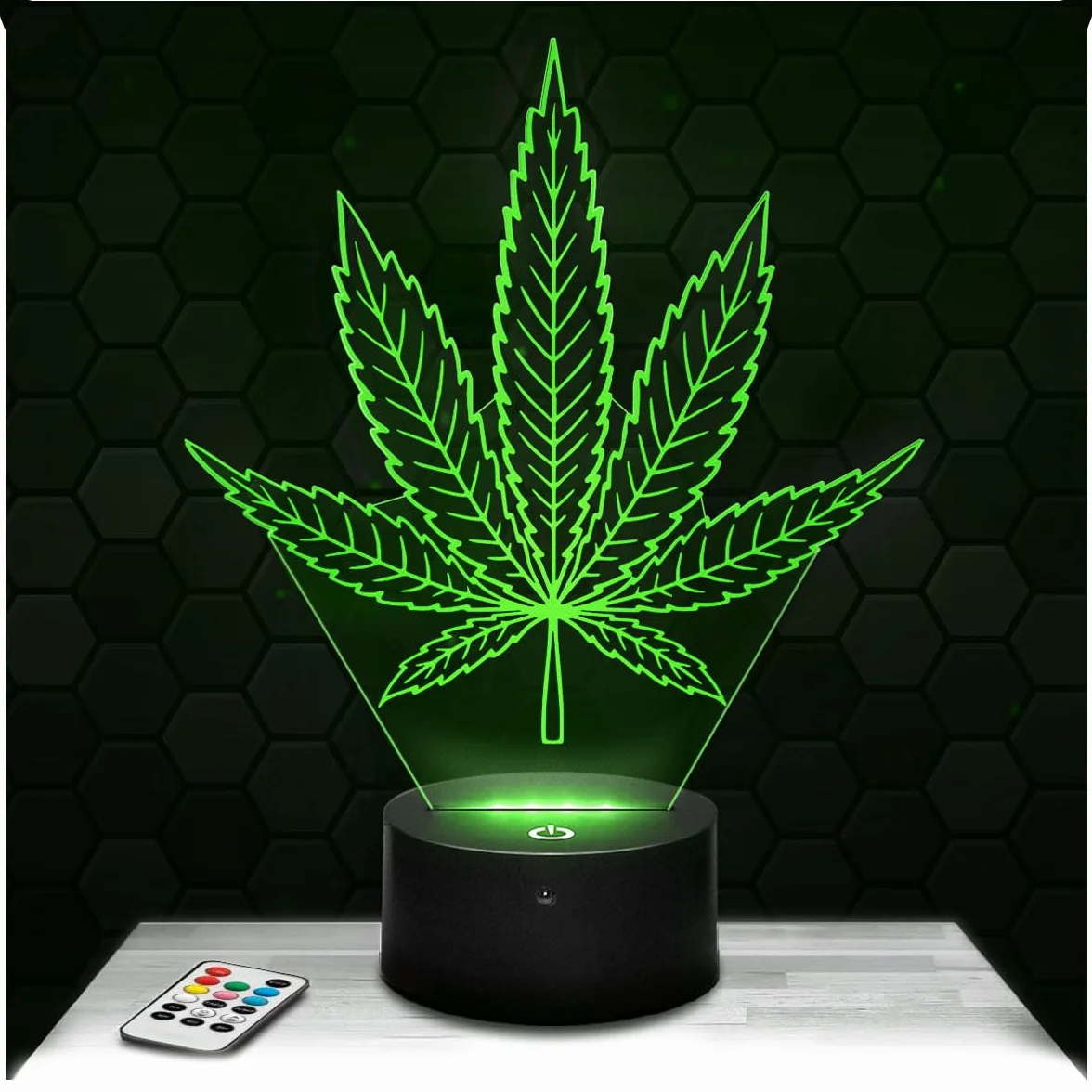 Lampe 3D Feuille de Cannabis, Veilleuse Tactile LED Illusion Hologramme, Idée Cadeau Noël Anniversaire
